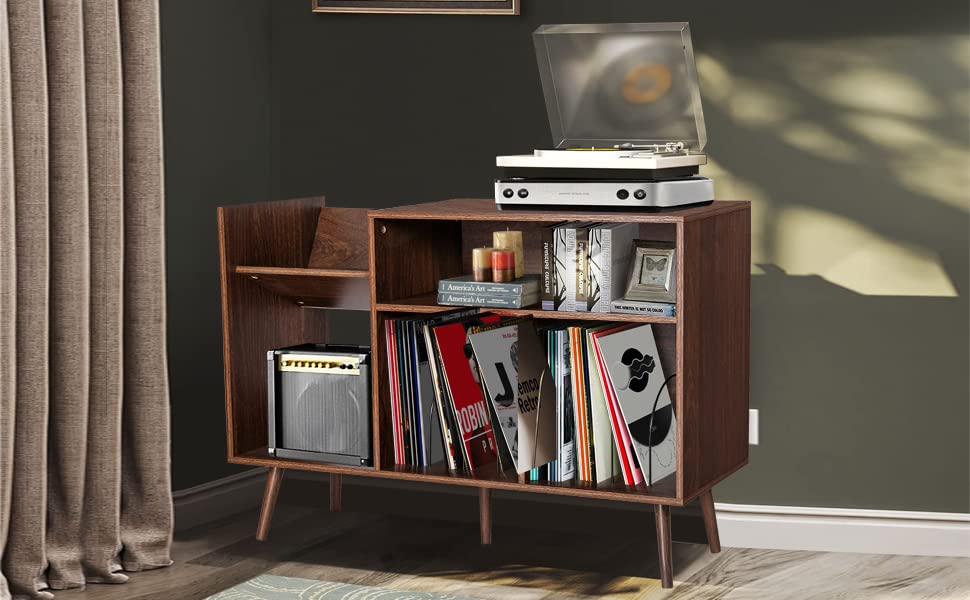 Qhitty Record Player Stand, Mid Century Modern Vinyl Record Storage Cabinet Table With Wood Legs, Turntable Stand Record Holder