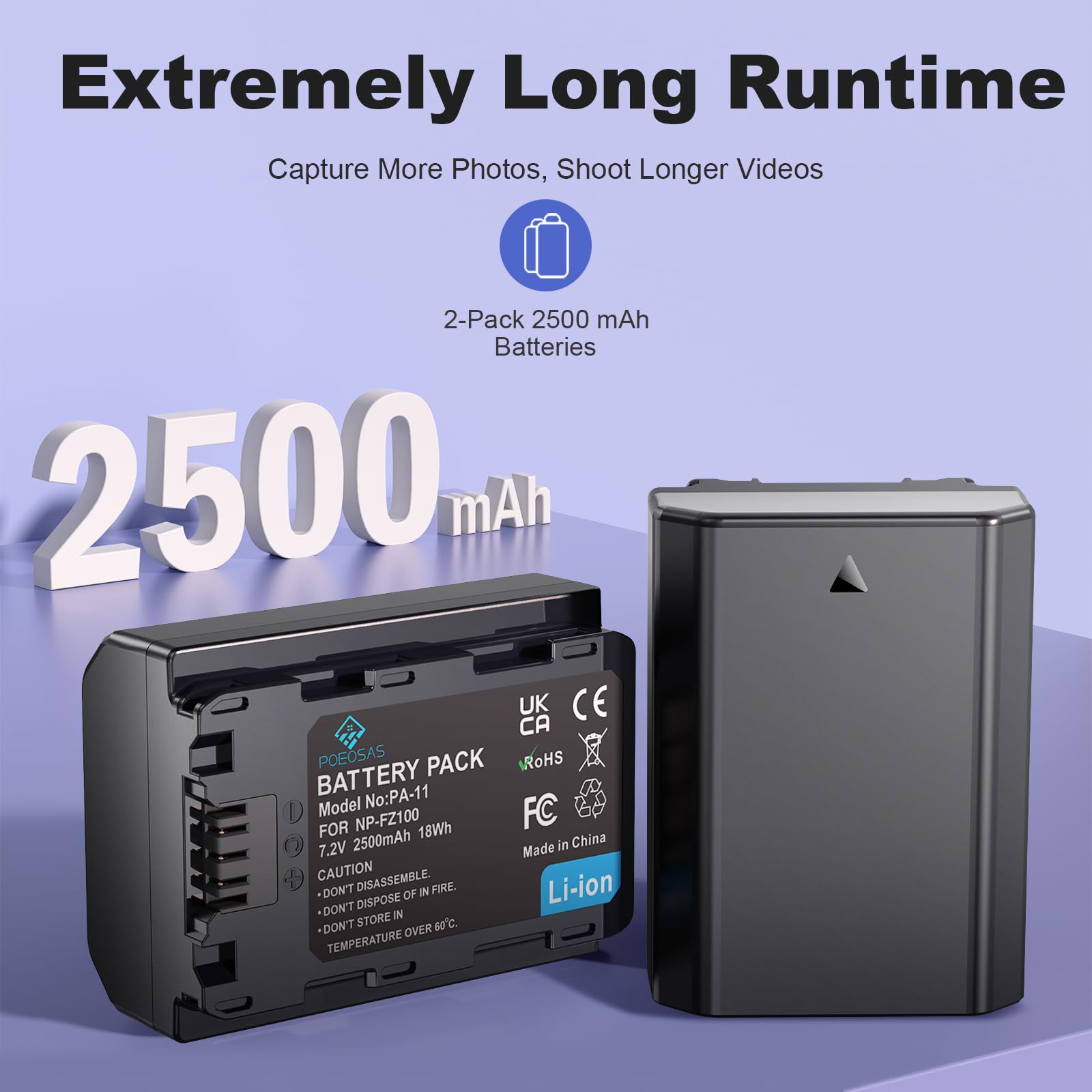 POEOSAS NP-FZ100 Camera Battery 2500mAh with Type-C 20W Fast Dual Charger Kit for Sony A7III A9 FX3 FX30, Black-blue