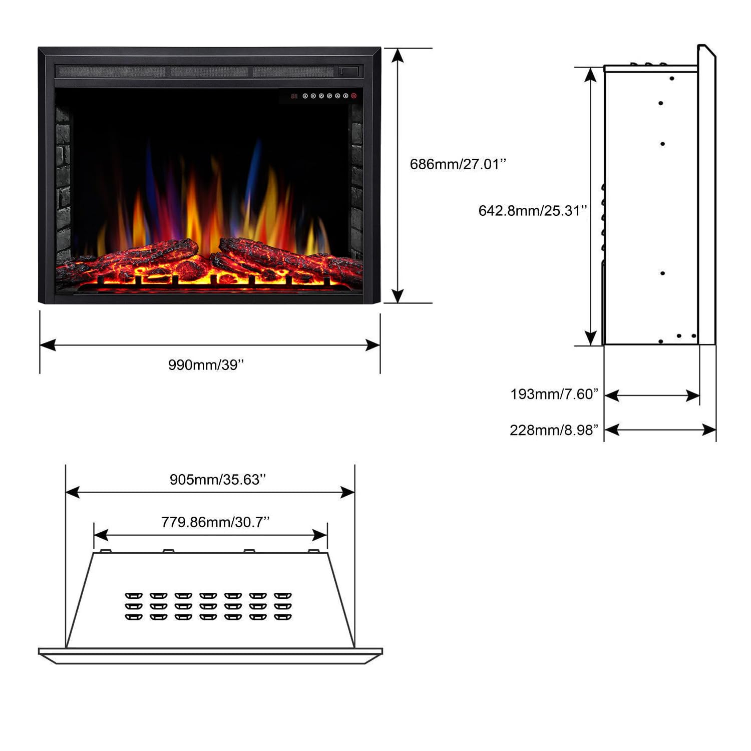 R.W.Flame 39'' Electric Fireplace Insert,Freestanding & Recessed Electric Stove Heater,Touch Screen,Remote Control,750W 1500W Wi