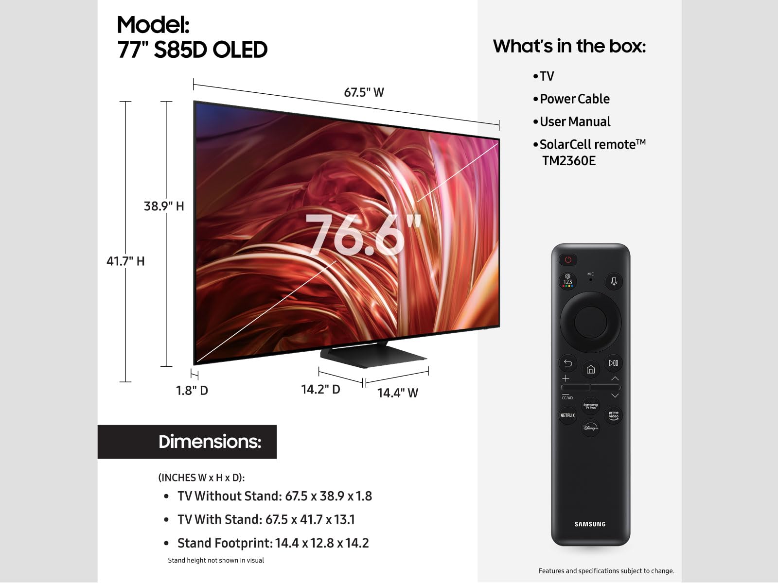 Samsung 77 Inch Class Oled 4K S85D Series Hdr Smart Tv W/Dolby Atmos, Object Tracking Sound Lite, Laser Slim Design, Motion Xcel
