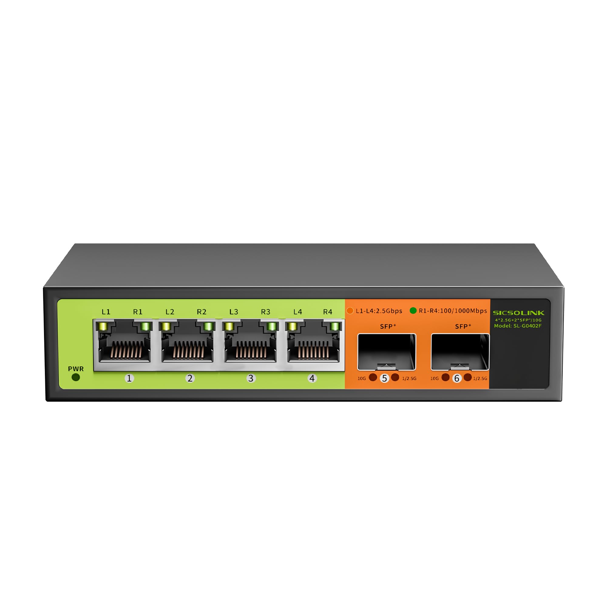 Sicsolink 6 Port 2.5G Ethernet Switch, 4X2.5Gb Ports With 2X10Gb Sfp Uplink, Unmanaged,Plug & Play, Desktop/Wall Mount, Fanless