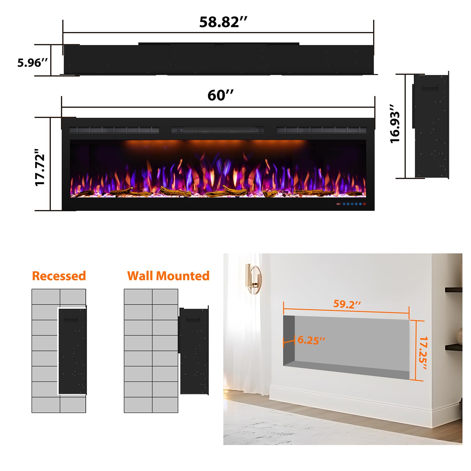 Mystflame 60 Inch Electric Fireplace, Recessed And Wall Mounted Slim Electric Fireplace, 750/1500 Watt Heater Fireplace, Log & C