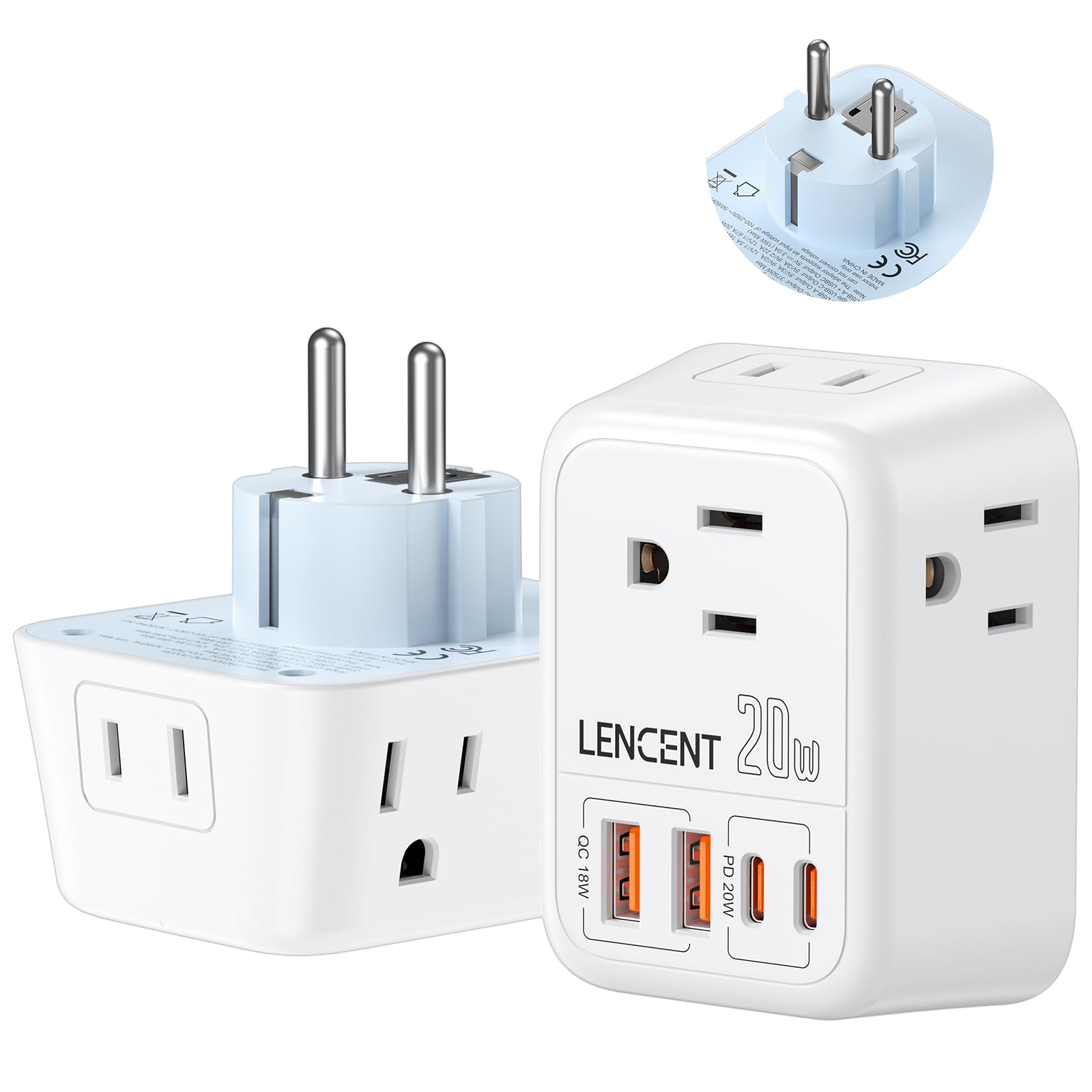 Lencent Germany France Travel Power Adapter, Pd 20W Usb C Fast Charger Adaptor, Schuko Type E F Plug Adapter With 4 Outlet, Esse