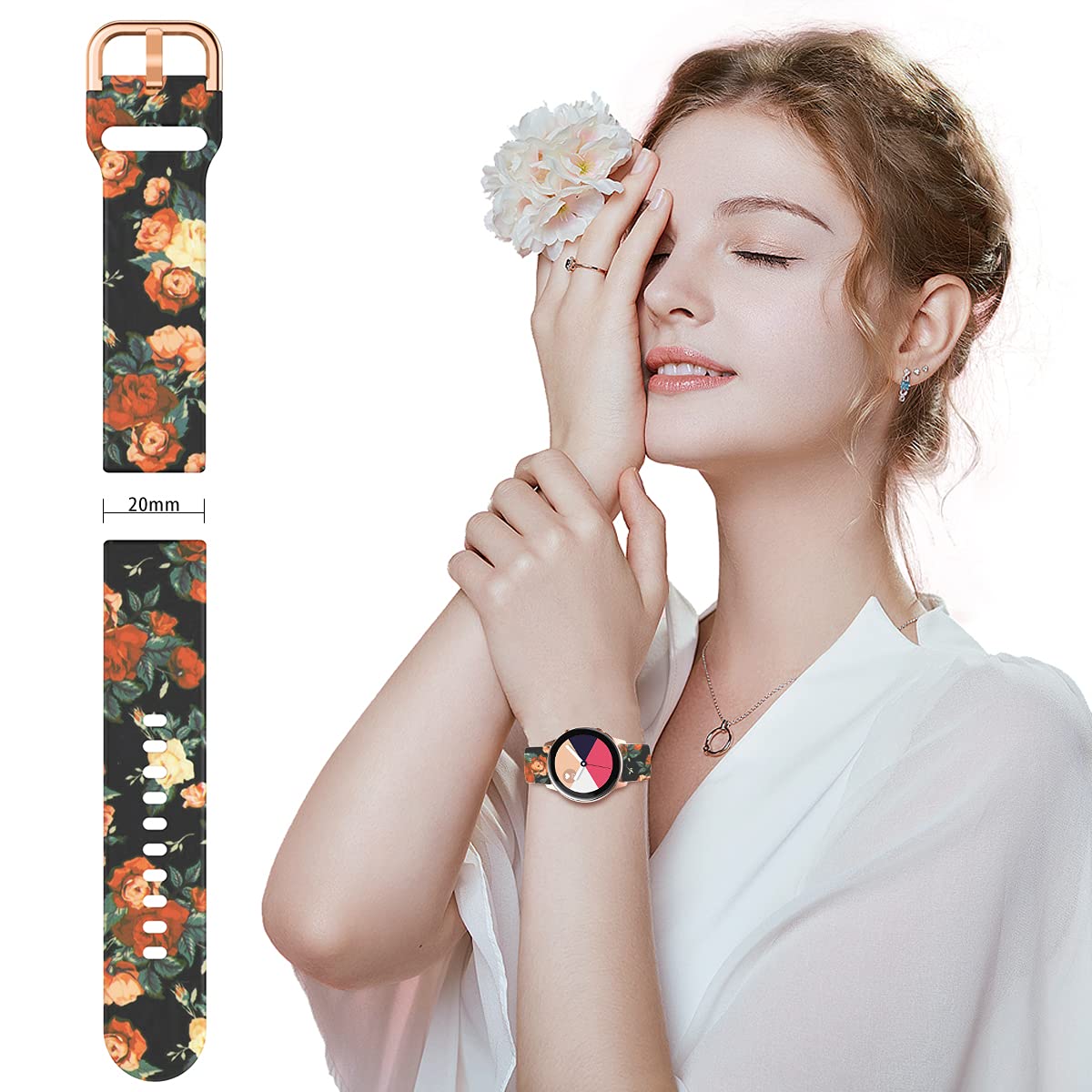 Toolaik 20Mm Silicone Floral Watch Bands, Compatible With Samsung Galaxy Watch 7 6 5 4 Active 2/3/4/5, 40Mm/44Mm Band For Women