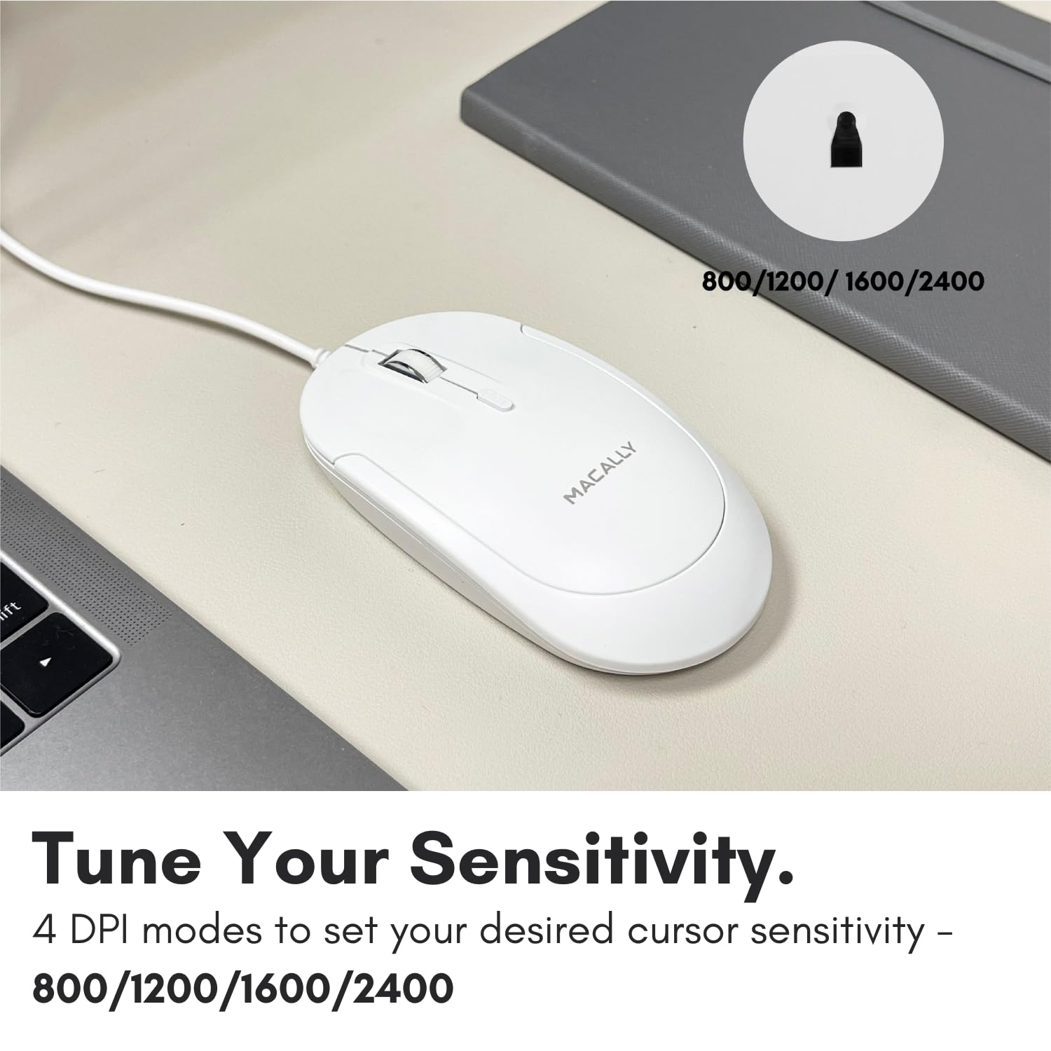 Macally Wired Usb C Mouse For Mac And Pc - Slim, Quiet, And Reliable - 3 Button Layout, Scroll Wheel, And 4 Dpi Mode (800/1200/1