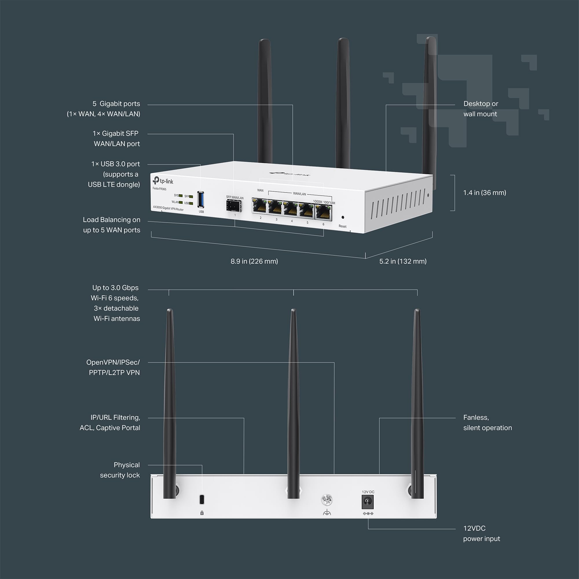 Tp Link Festa Fr365, Ax3000 Wifi 6 Vpn Router, Up To 5 Gigabit Wan + 1 Usb 3.0 Wan + 1 Sfp, Self Organizing Network, Free Cloud,