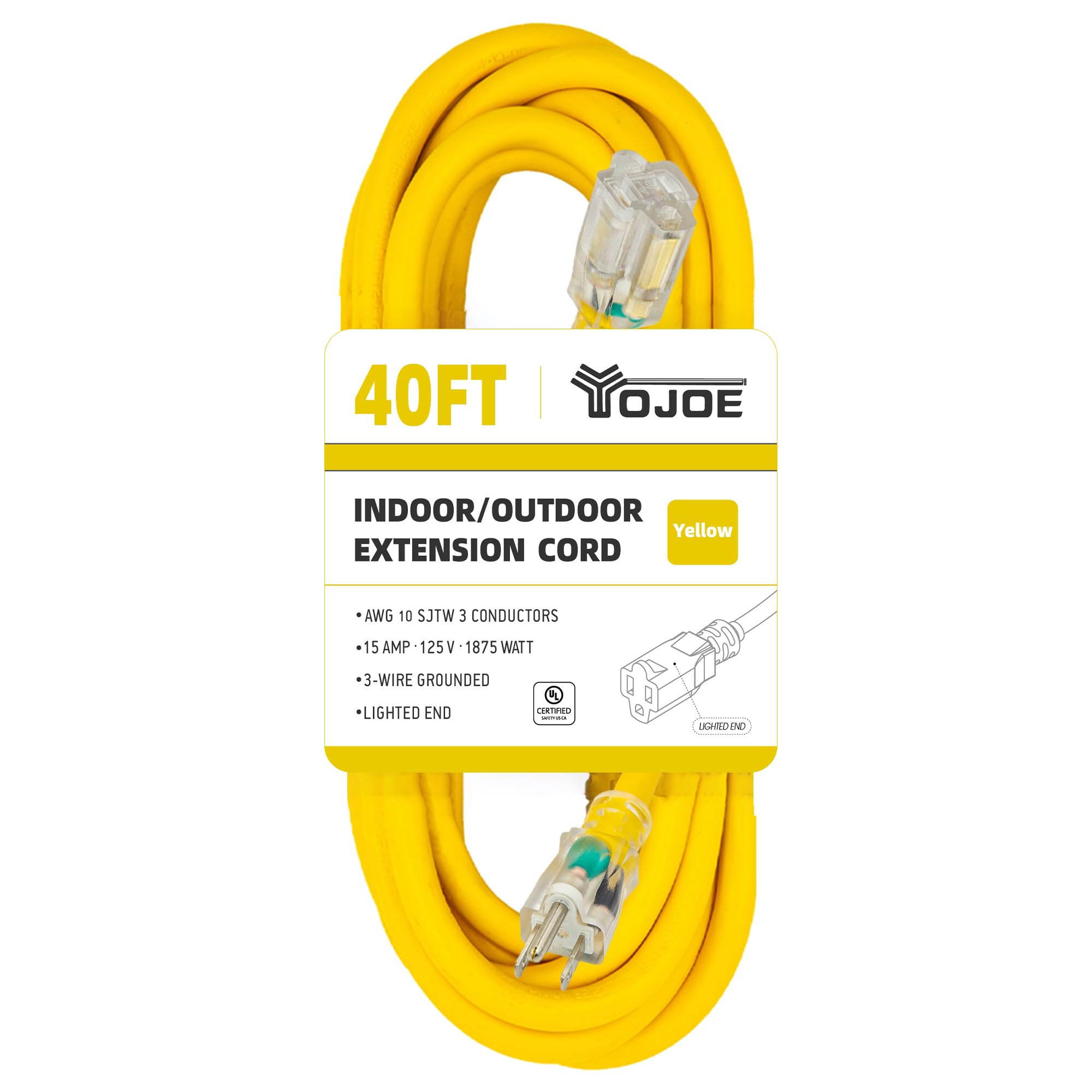 Yojoe Indoor Outdoor Extension Cord With Lighted End, 3 Prong 15A Weatherproof Power Extension Cord, 10 Gauge Heavy Duty 40 Ft Y