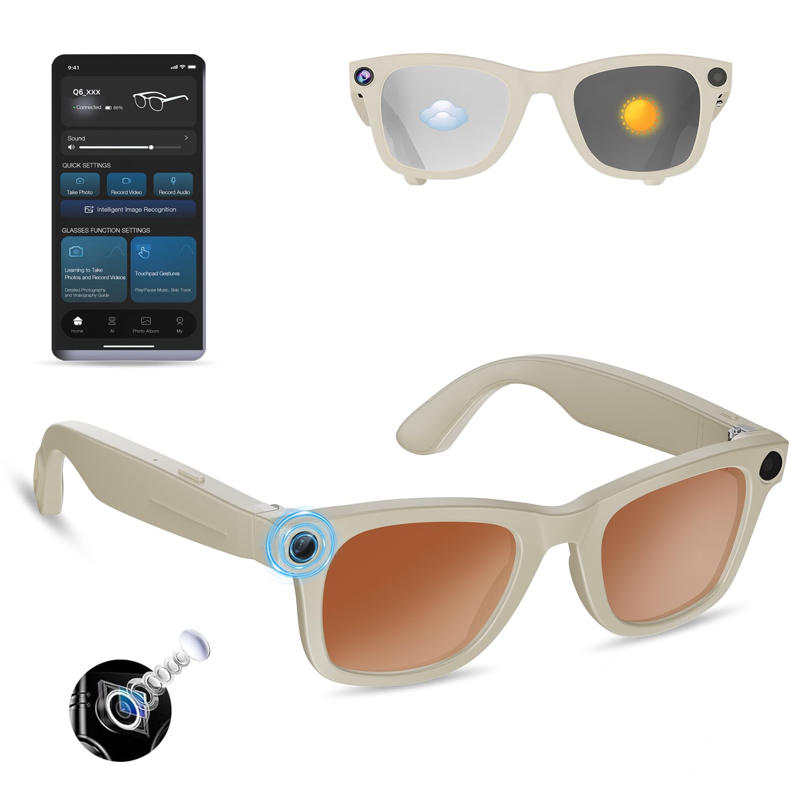 AI Smart Glasses with 8MP Camera 1080P HD Video & Audio Recording, Bluetooth 5.3 Smart Eyewear with Dual Mic, Real-Time Translat
