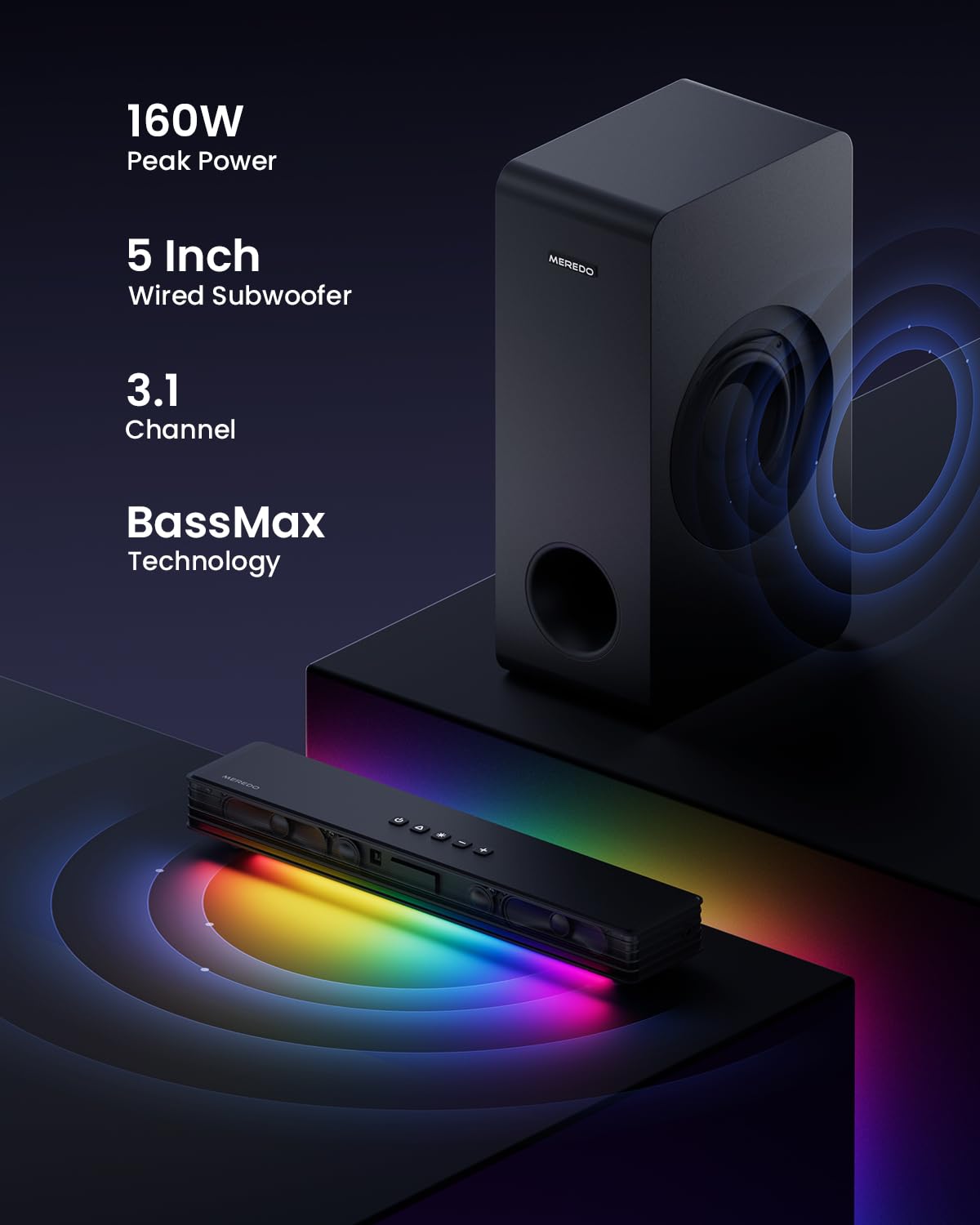 Meredo Sound Bar For Smart Tv 3.1Ch Pc Gaming Soundbar With Subwoofer Rgb Lighting Audio Sync Surround Sound System Bt 5.3/Hd-Ar