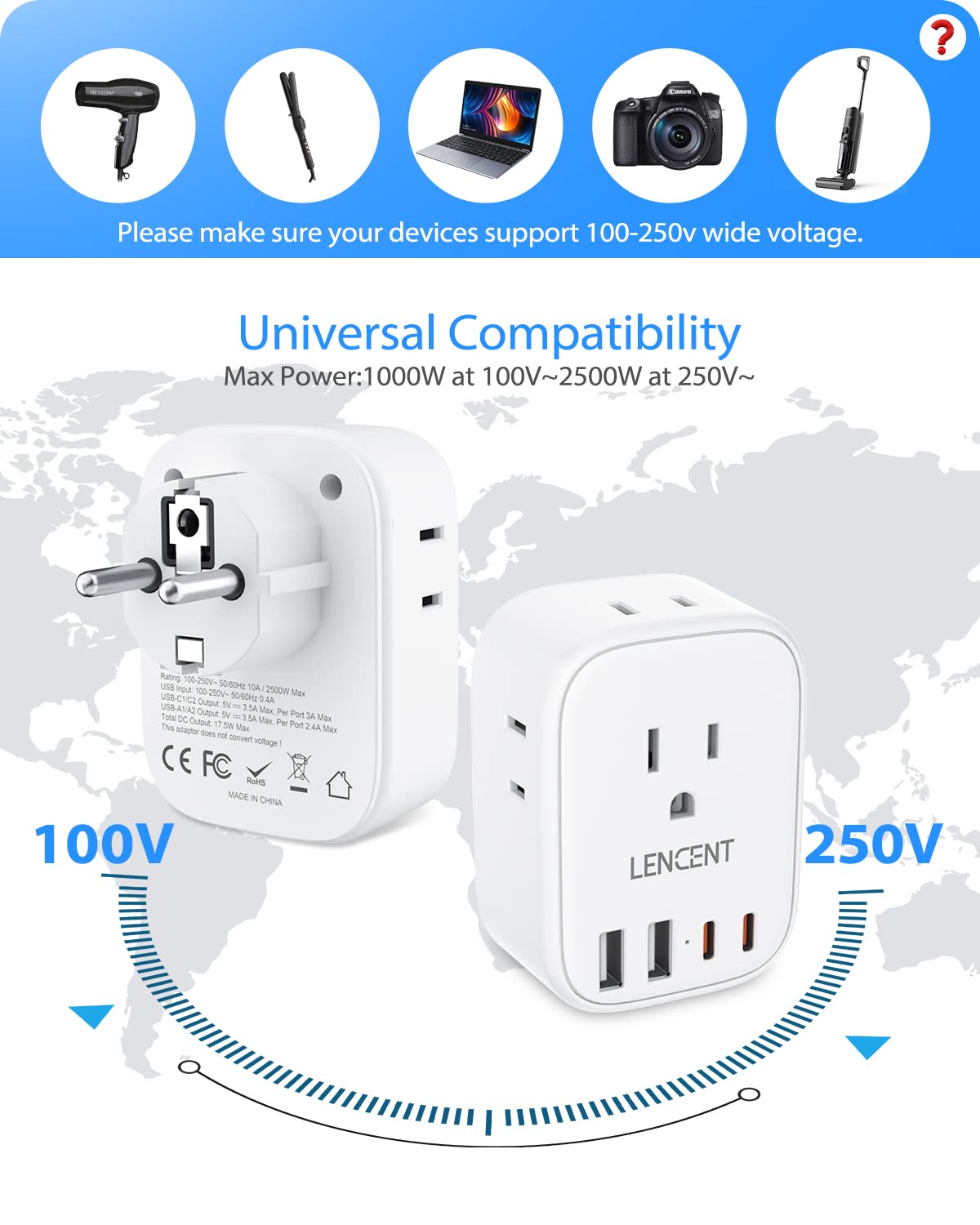 Lencent 3 Pack Germany France Travel Power Adapter, Schuko Type E/F Power Plug Adaptor With 4 Usb Ports(2 Type C),4 Outlet Conve