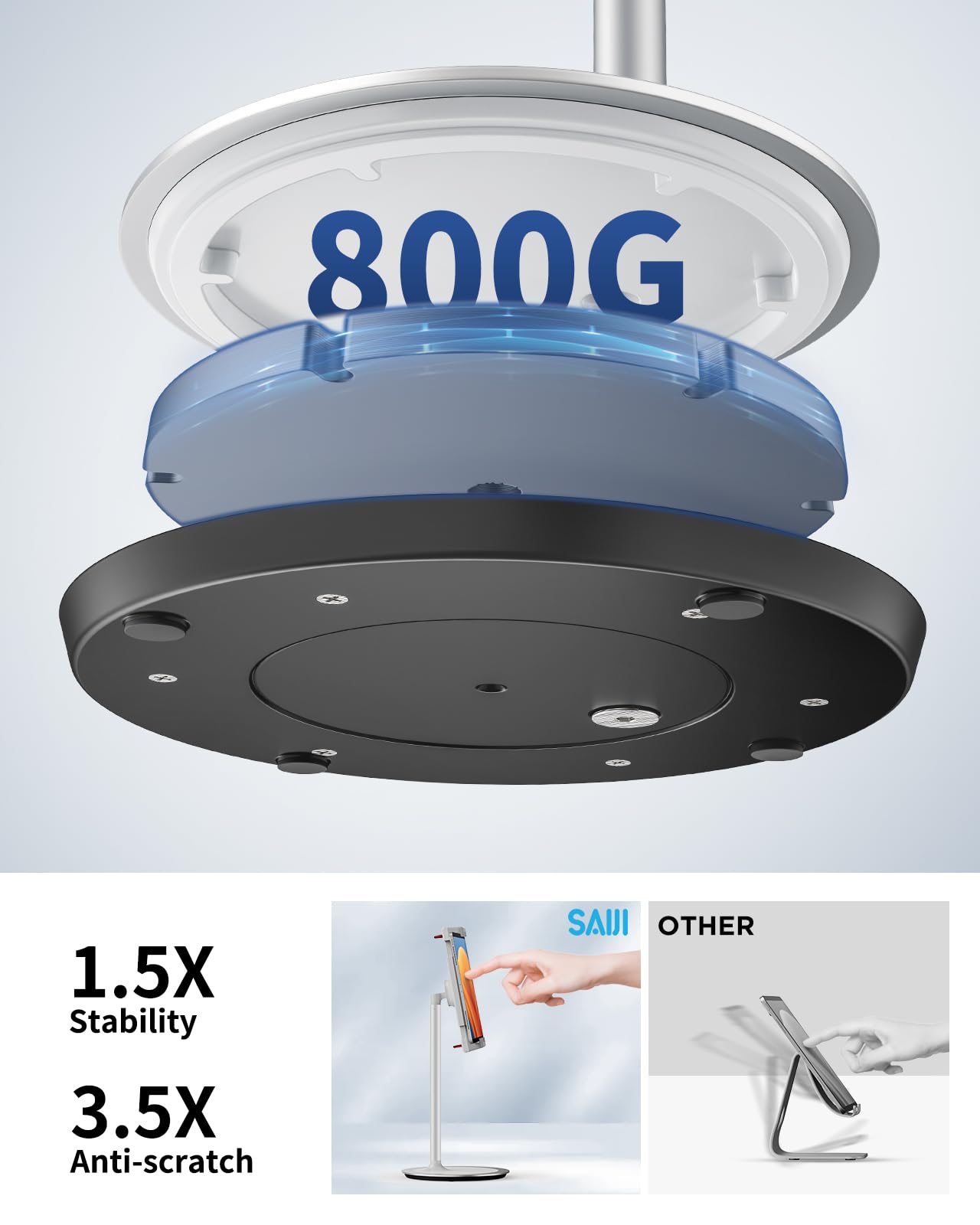 Saiji Tablet Stand Holder, Height Adjustable Portable Monitor Stand, 360 Degree Rotating, Aluminum Alloy Cradle Mount Dock For 4.7' 15.6' Screen Iphone Samsung, Ipad, Kindle, Ebook Reader (Silver)