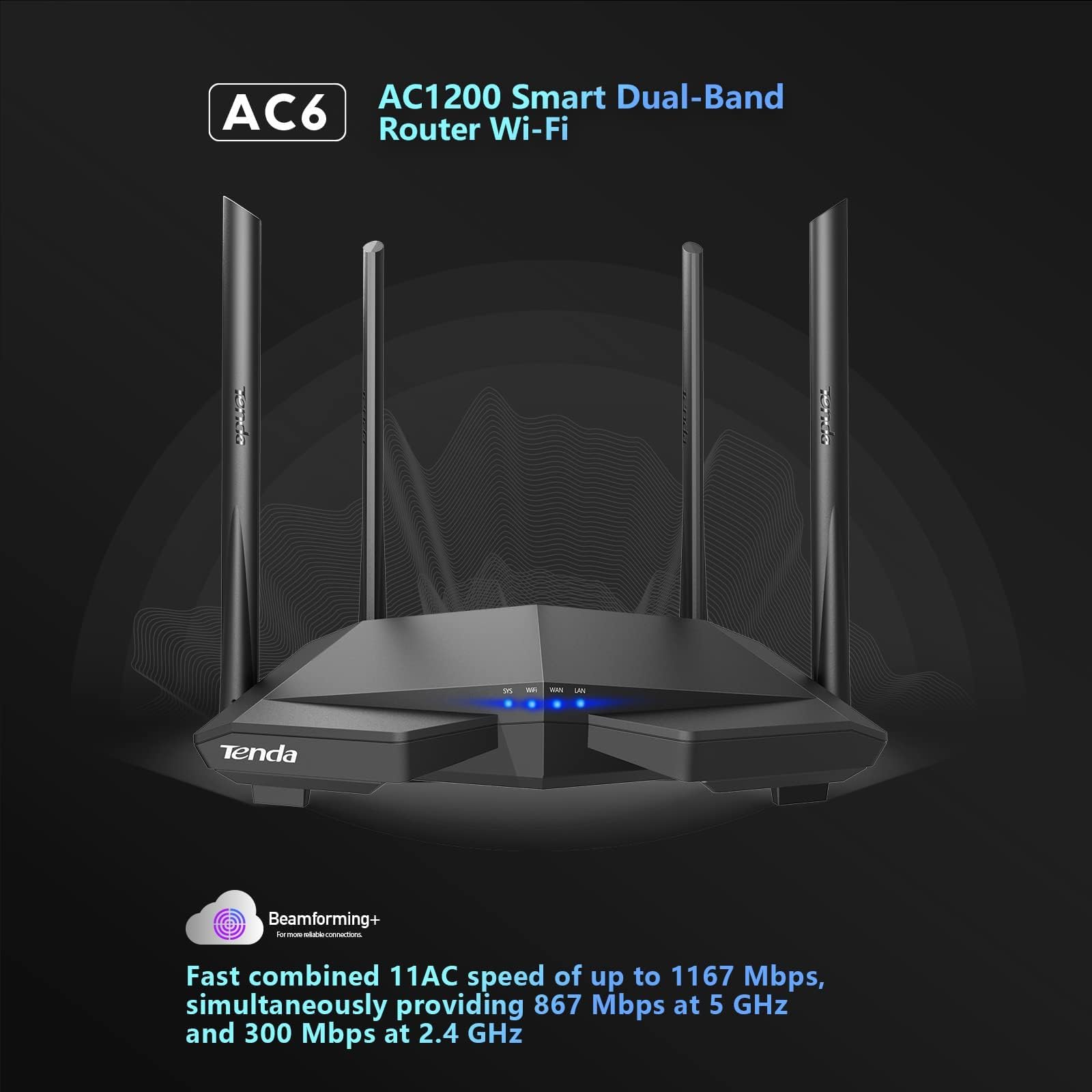 Tenda Ac1200 Smart Wifi Router, High Speed Dual Band Wireless Internet Router With Smart App, 4 X 100 Mbps Fast Ethernet Ports,