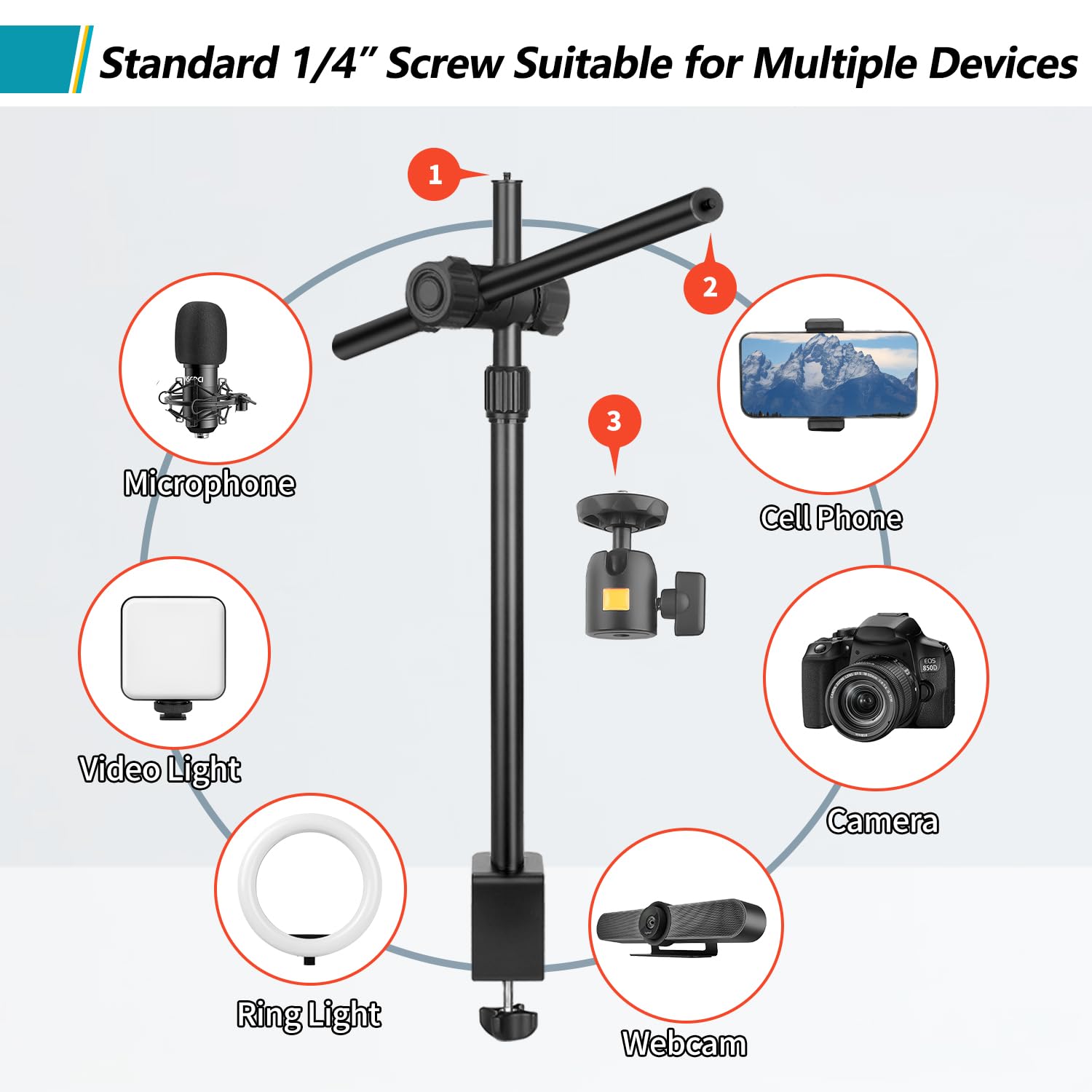 Camera Desk Mount Webcam Stand With Overhead Articulating Magic Boom Arm 1/4 Ball Head For Dslr Tripod, Adjustable Light Stand,