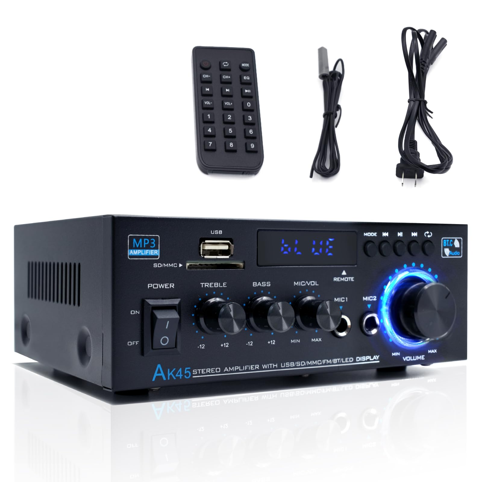 Stereo Home Audio Amplifier Receiver Ak45, 600W Bluetooth 5.0 Hifi Stereo Power Amplifier 2.0 Channel Rms 40W X 2 Home Stereo Sy