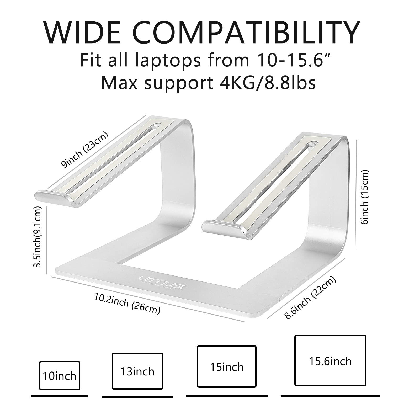 Urmust Laptop Stand For Desk Aluminum Computer Stand For Laptop Riser Holder Notebook Stand Compatible With Macbook Air Pro, Dell, Hp, Lenovo Samsung, Alienware All Laptops 11 15.6'(Silver)