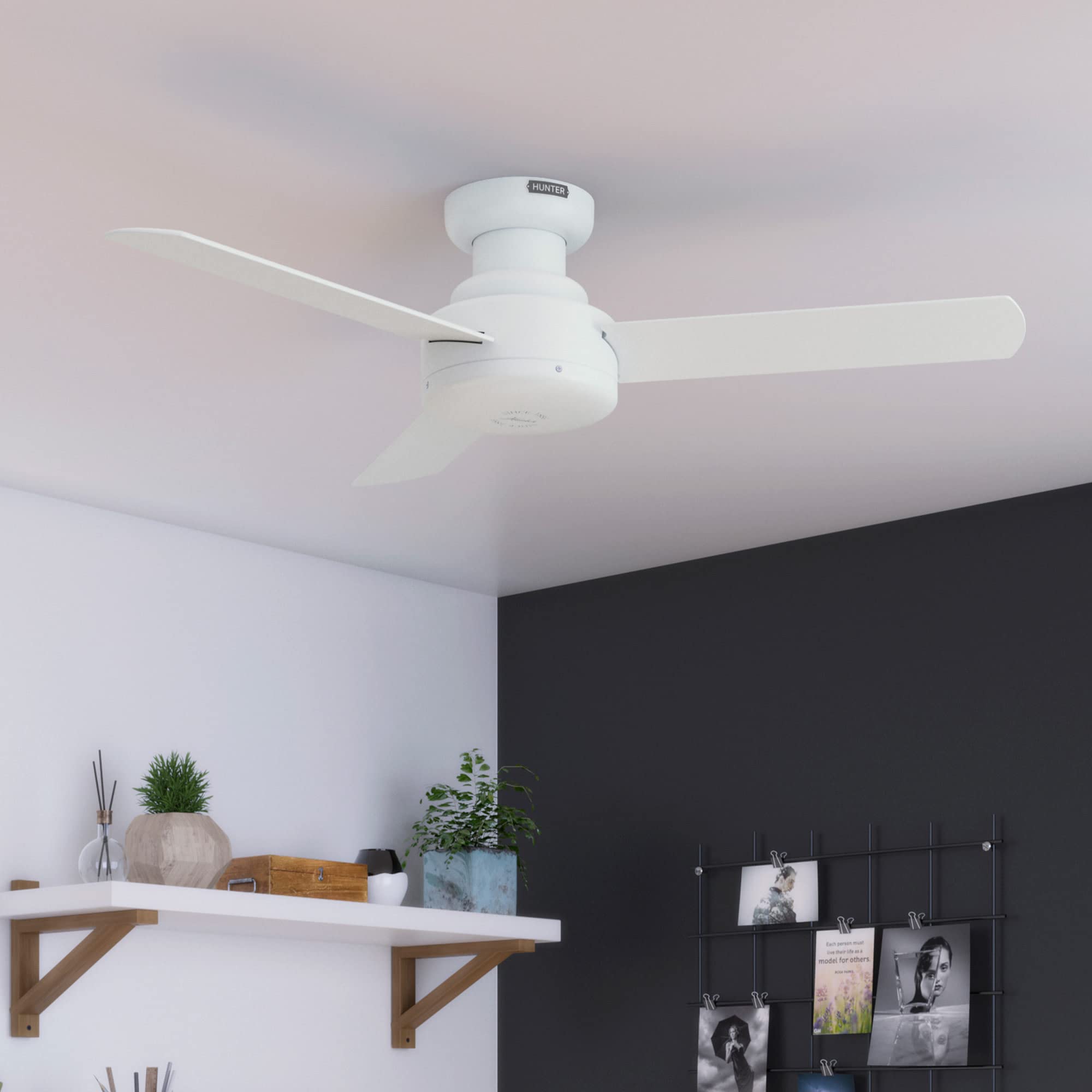 Hunter   Presto Indoor Low Profile Ceiling Fan, Wall Control, 44 Inch, Matte White, Casual Style, 3 Speed Whisperwind Motor, 524