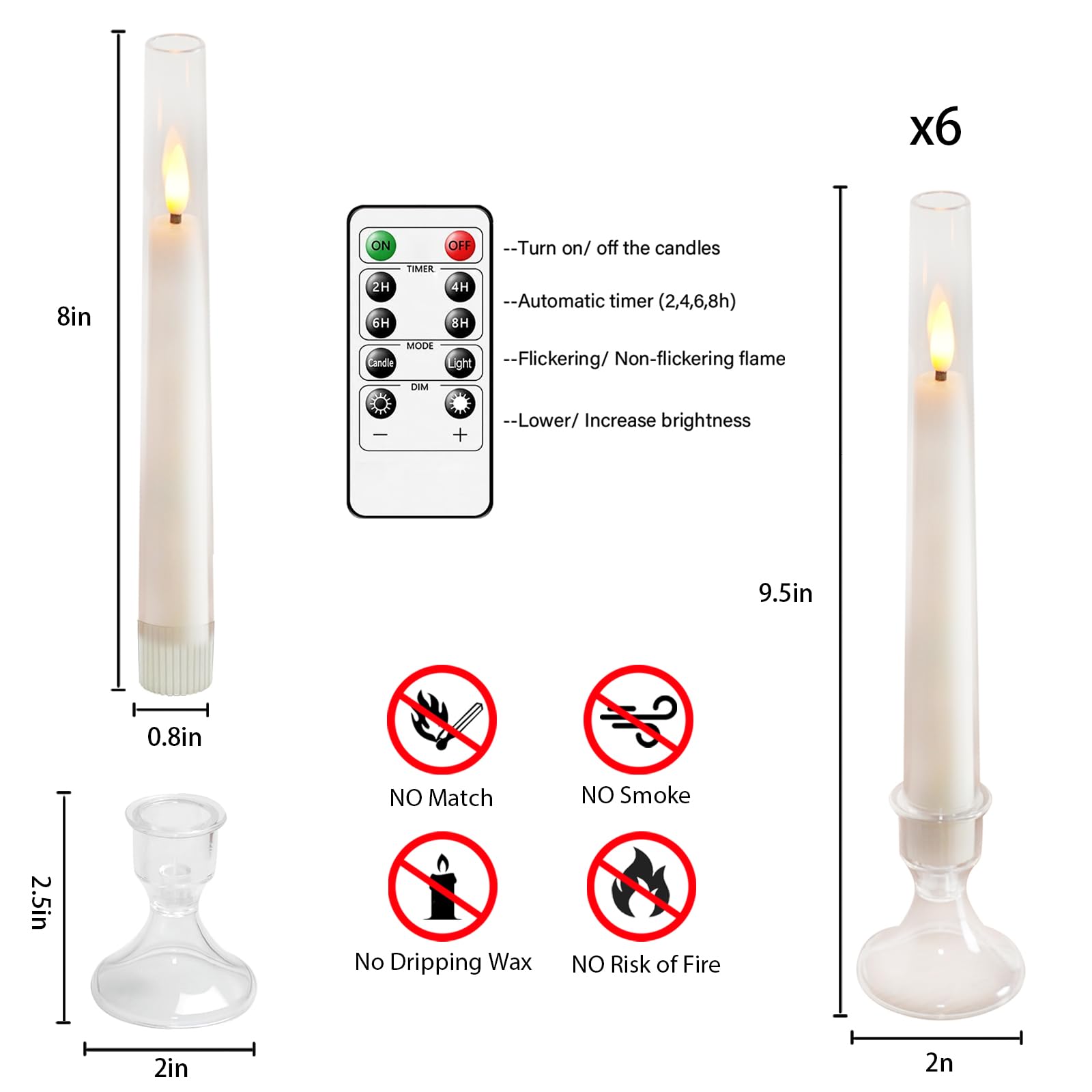 Lezonic Flameless Windows Candles Battery Operated With Timer Remote, 6Pcs White Acrylic Flameless Candlesticks With Holders, Le