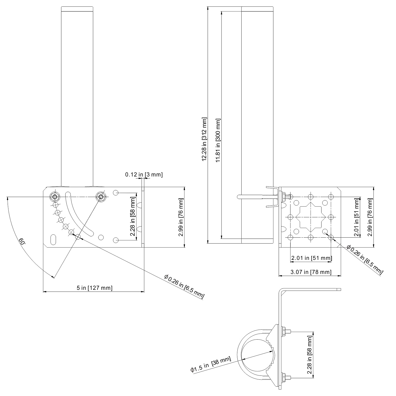 Aimeboost 1.5'' Diameter And 12'' Length Pole Mount Bracket To Wall Mount Pole Weather Station For Outside Home Antenna Tv Anten
