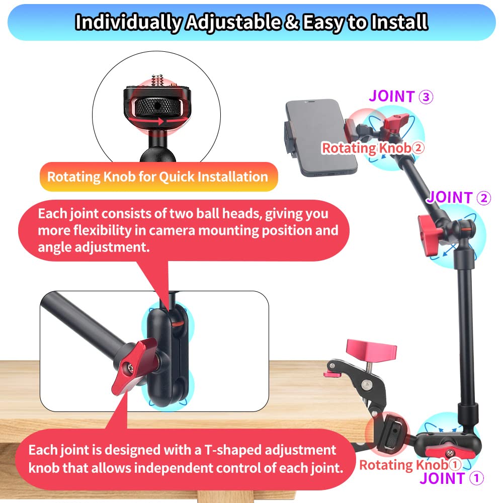 Jebutu 22' Magic Arm W Clamp Camera Mount, Adjustable Articulating Arm Friction Camera Boom Arm Mount Clamp W 1/4' Thread, Overhead Camera Desk Mount Clamp Stand For Tripod Light Webcam Mic Video Rig