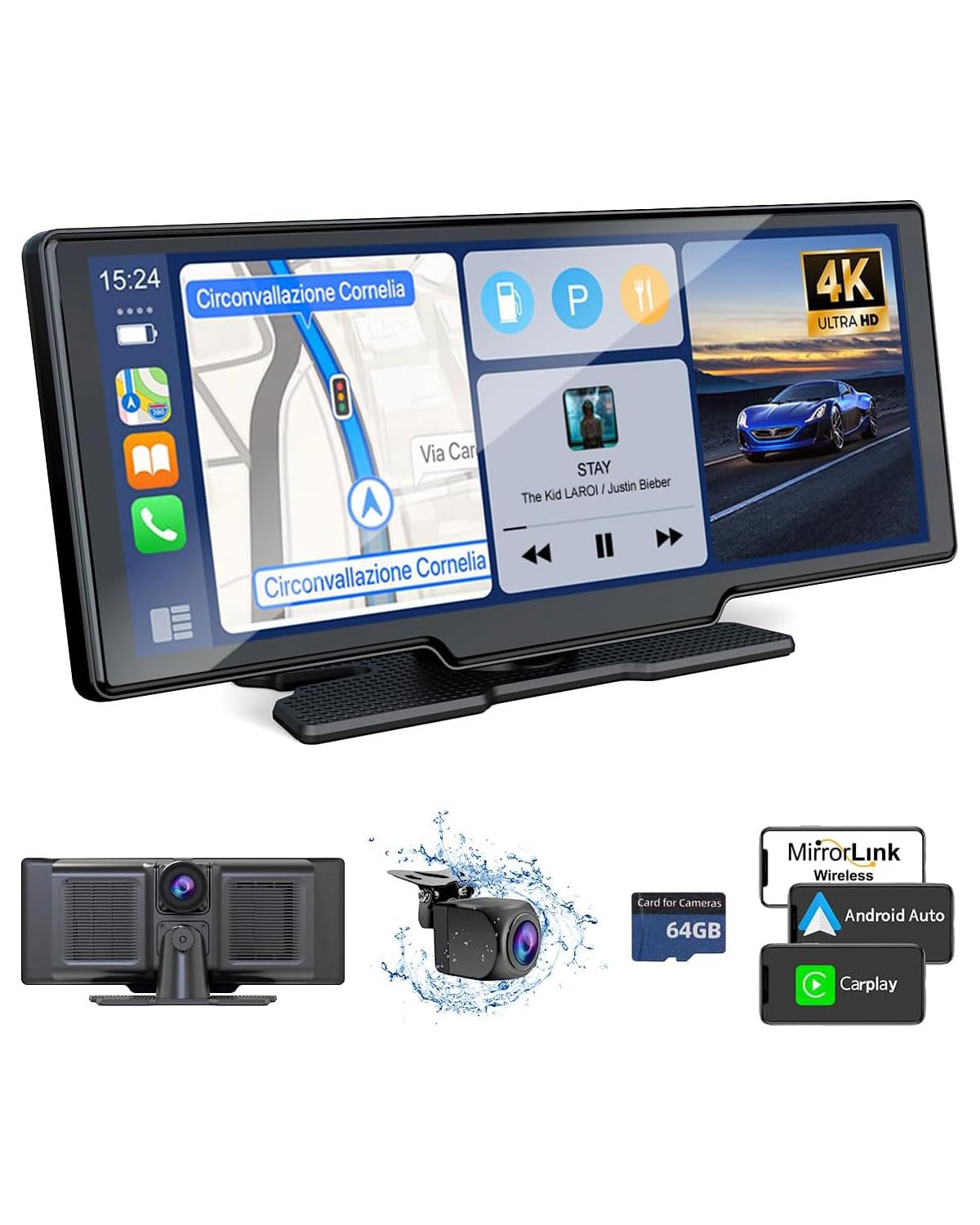 Car Play Screen with 4K Dash cam 10.26 Inch Compatible with Apple Carplay/Android Auto, Carplay Screen for Car 1080P Backup Came