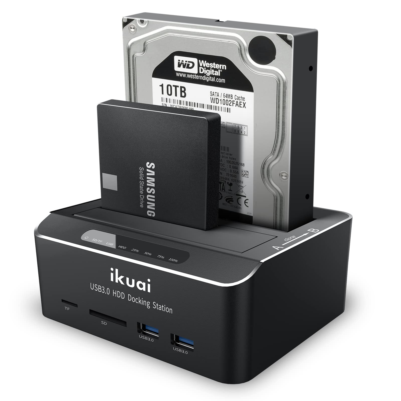 Ikuai Sata To Usb 3.0 Dual Bay Hard Drive Dock For 2.5''/3.5'' Sata Hdd Ssd With Micro Sd Card Reader 2 Usb 3.0 Port, Offline Cl