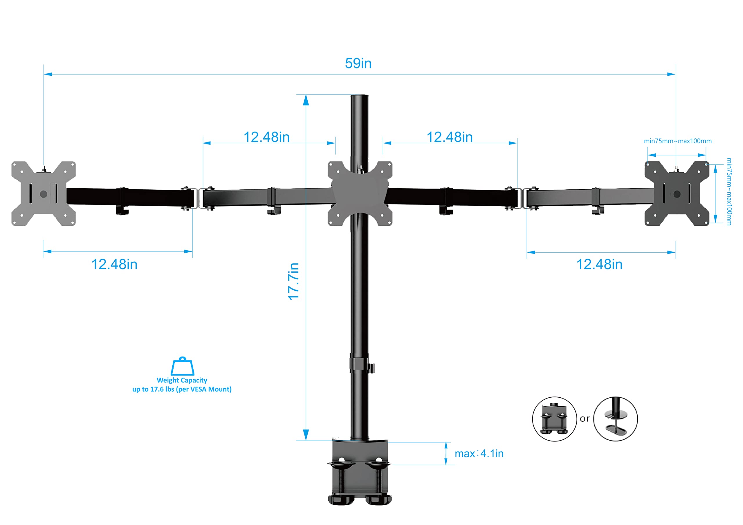 Rocelco Premium Triple Monitor Desk Mount   Standard Pattern Fits 13'   27' LED LCD Flat Computer Screen   Three Articulated Full Motion Adjustable Arms   Grommet and C Clamp   Black (R DM3)
