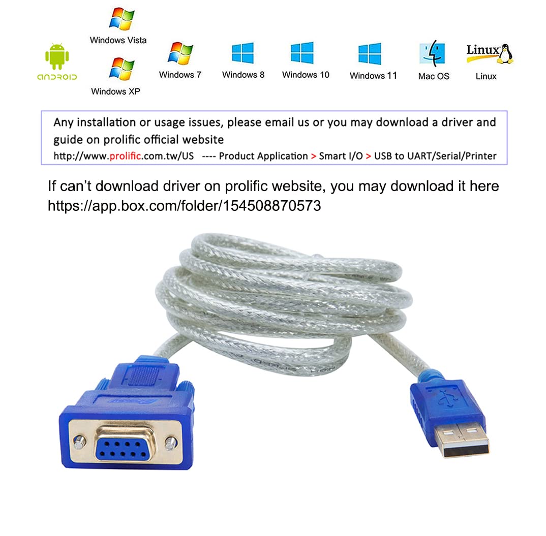 Dtech 10 Feet Usb To Serial Rs232 Female Adapter Cable Prolific Chip Db9 Rs-232 To Usb 2.0 Cord Windows 11 10 8 7 Mac Linux