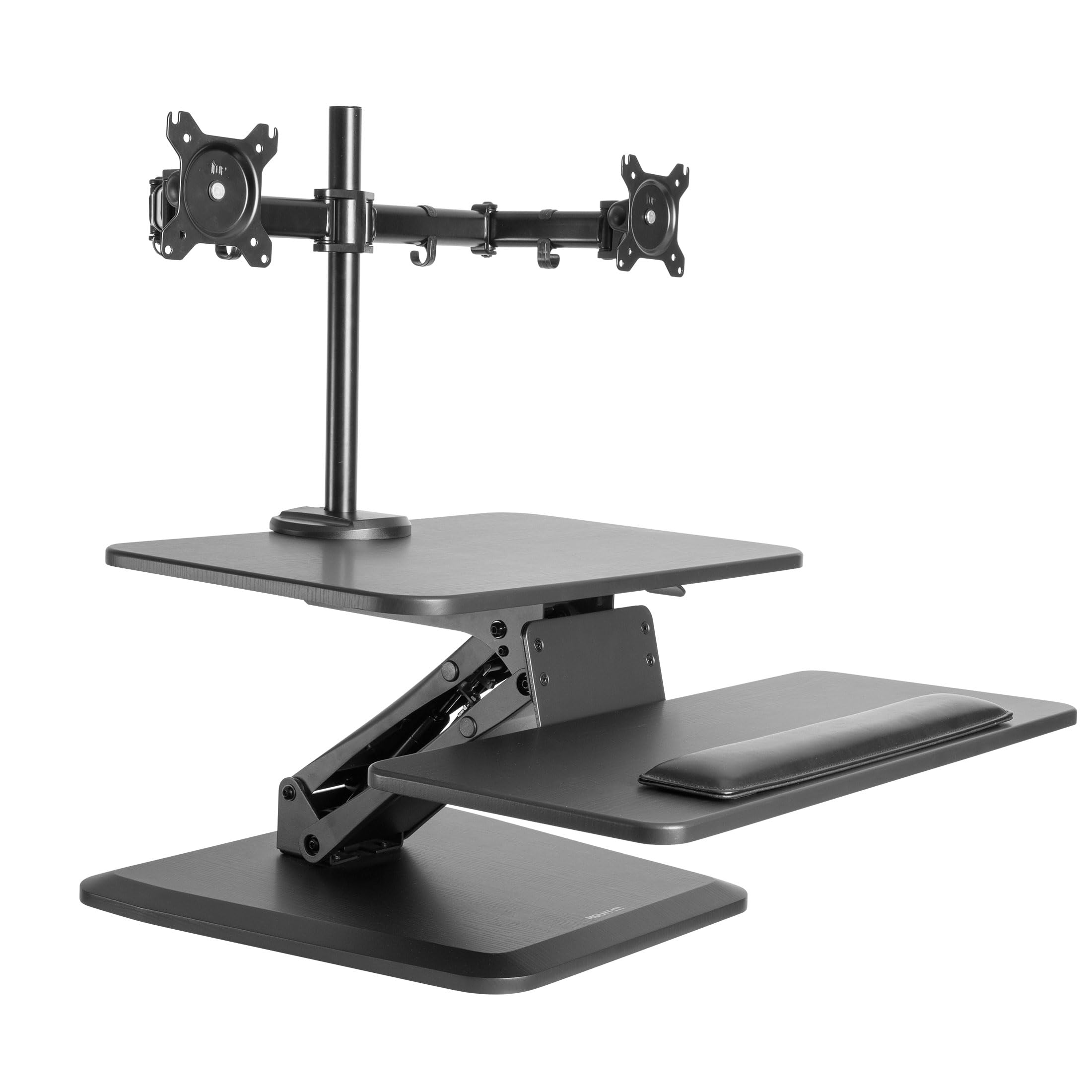 Mount It! Standing Desk Converter, Stand Up Desk Riser with Dual Monitor Mount, Adjustable Workstation in Black, Top Platform 23' Wide, Keyboard Mouse Tray 27' Wide, Raises 5' to 17' Tall