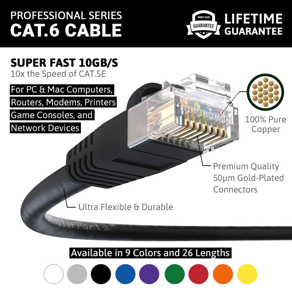 Installerparts Cat6 Cable Utp Booted [Black]   [1 Ft]   [5 Pack]   Professional Series   10Gbps, Cat6 Patch Cable, Cat 6 Patch C