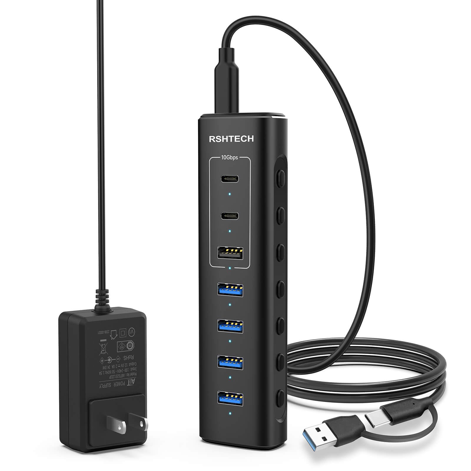 RSHTECH 7Port Powered USB C Hub, 10Gbps USB 3.2(2C+1A), 4 USBA 3.0 Ports