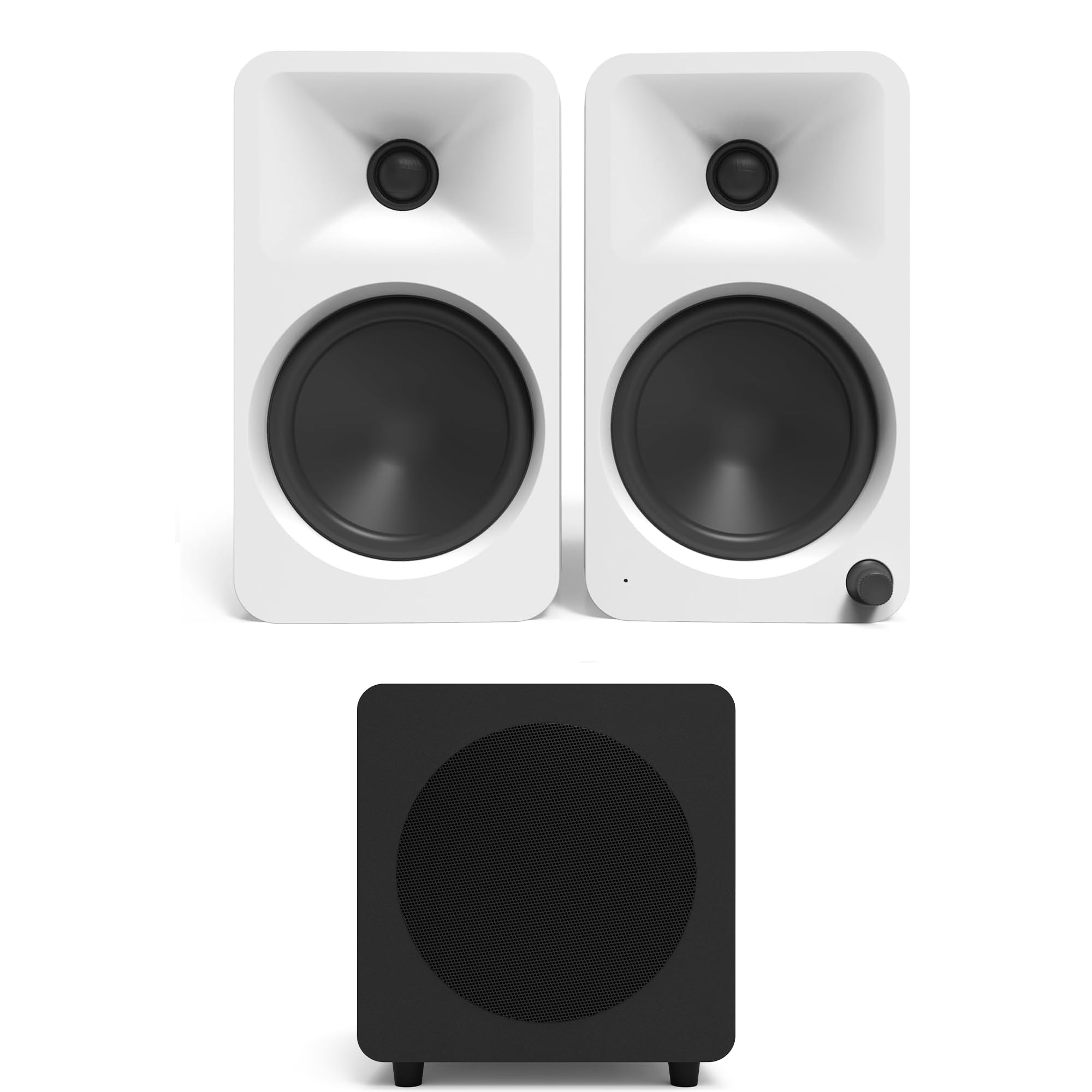 Kanto ORA4MW Pro Audio Bluetooth Desktop Speakers - Matte White Pair with a SUB8VMB Sealed Powered 8 Subwoofer - Vinyl Black (20
