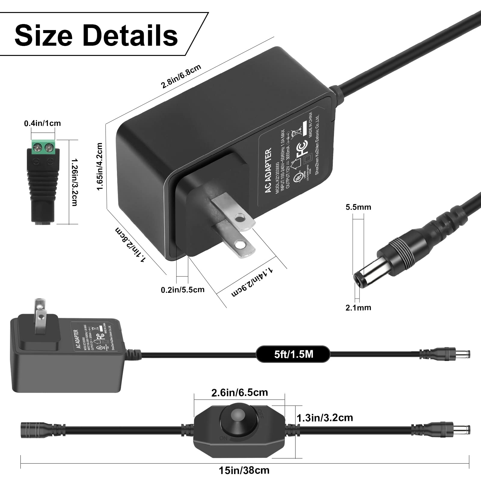 12V 3A Power Adapter, 36W Ac 100-240V To Dc 12V Transformers Converter With Dimmer Switch, 12V 3A Power Supply Charger With 5.5M