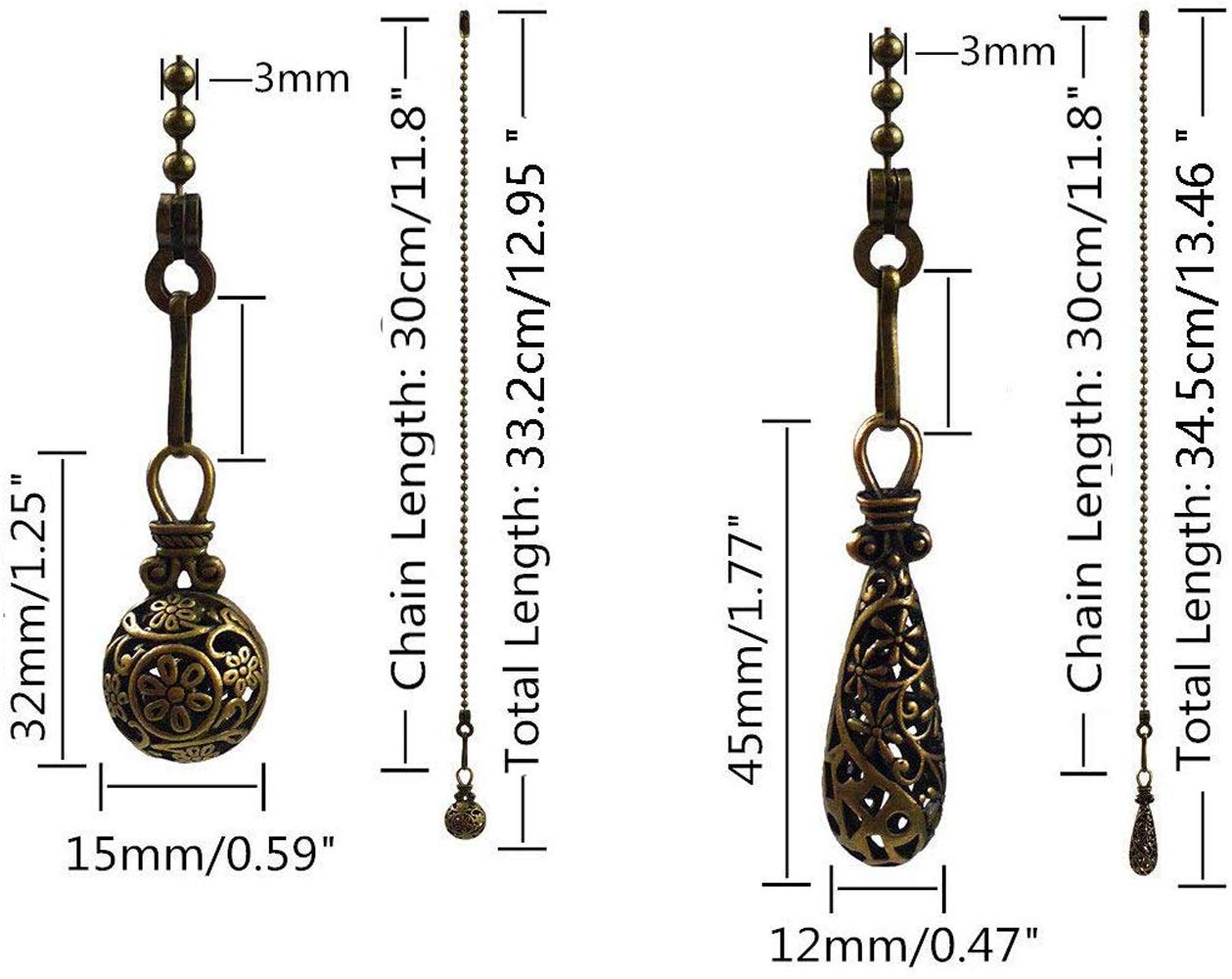 Hyamass 2Pcs 12Inch Vintage Hollow Out Charm Pendant Ceiling Fan Danglers Fan Pulls Chain Extender With Ball Chain Connector(Bro
