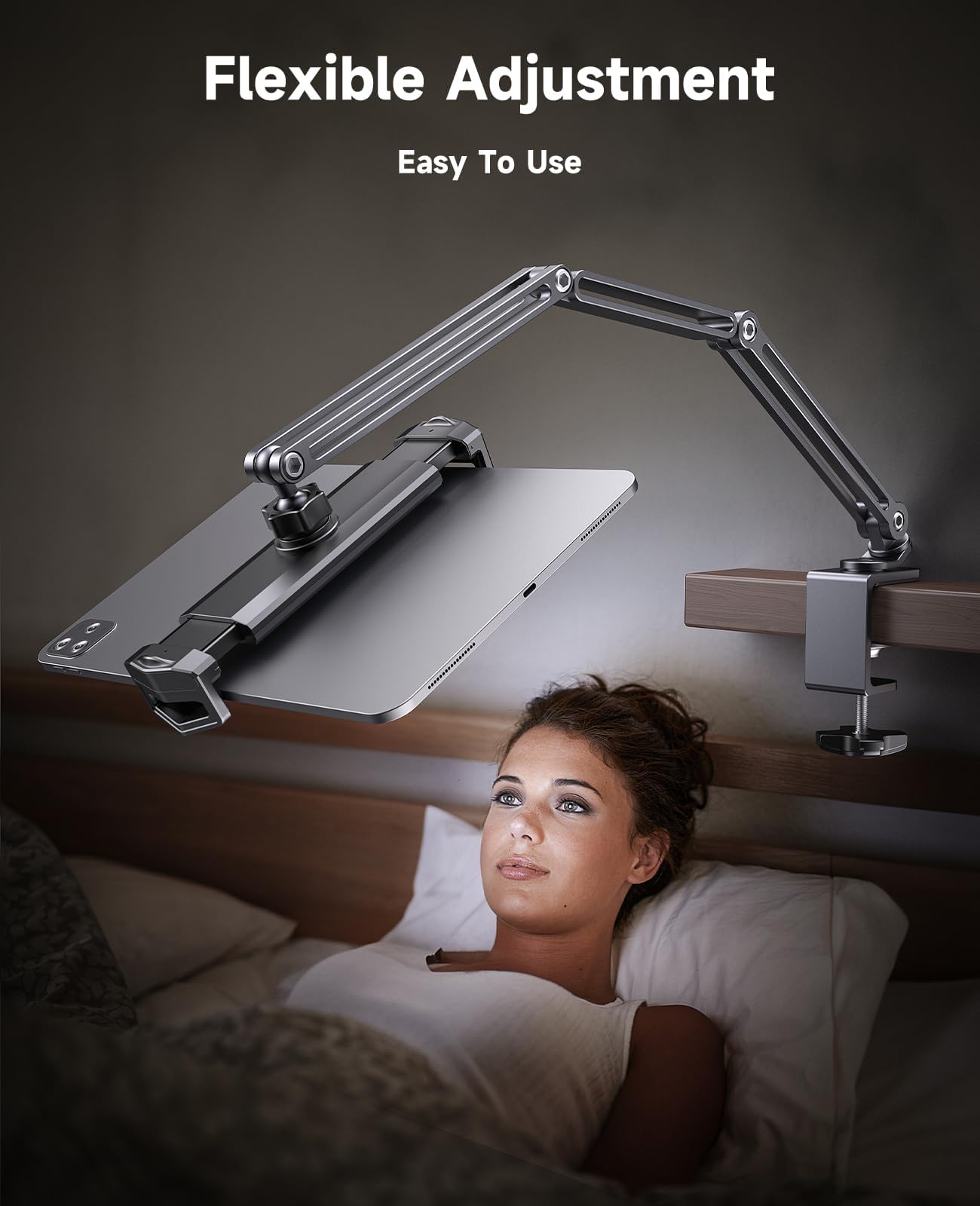 Yicosun Aluminum Adjustable Tablet Holder Stand For Bed & Desk   Compatible With Ipad Pro Air, 7 15.6'' Portable Monitor, Kindle