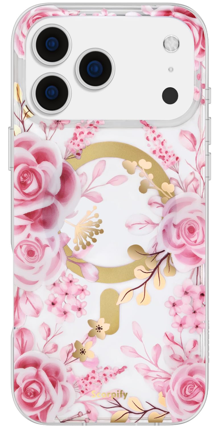 SCORPIFY for iPhone 17 Pro Case [Compatible with MagSafe] with Pastel Pink Rose Floral Design, Cute Clear Flower Magnetic Phone 