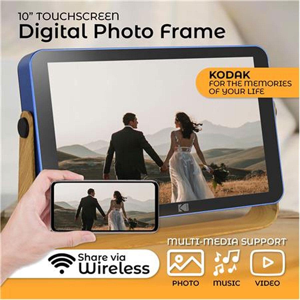 Kodak 10 Inch Smart Touch Screen Rechargeable Digital Picture Frame, Wi Fi Enabled With Hd Photo Display And Music/Video Support