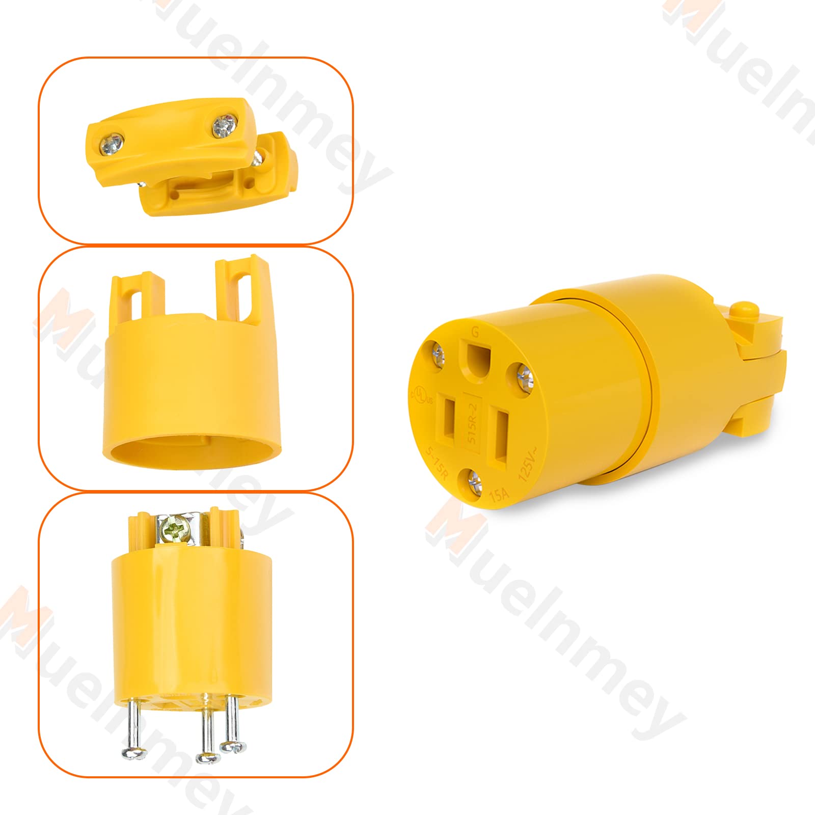 Muelnmey 10Pcs Extension Cord Ends Electrical Replacement Connector Nema 5 15R 15A 125V Yellow Shell 2 Pole 3 Wire Grounding Fem