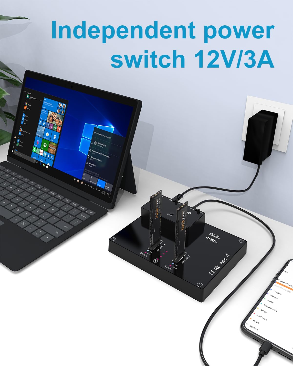 Maiwo K3015P Portable Dual Bay M.2 Nvme Docking Station, Tool Free Type C10Gbps Nvme Ssd External Enclosure, With Offline Clone Duplicator And System Copy Function.