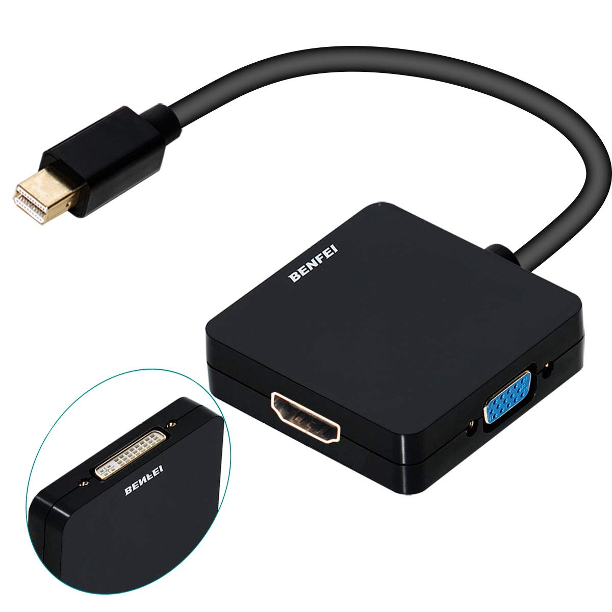 BENFEI Mini DisplayPort to HDMI VGA DVI 4K Adapter, 3-in-1 Gold-Plated Mini DisplayPort(DP) to HDMI/DVI/VGA Adapter(Male to Fema