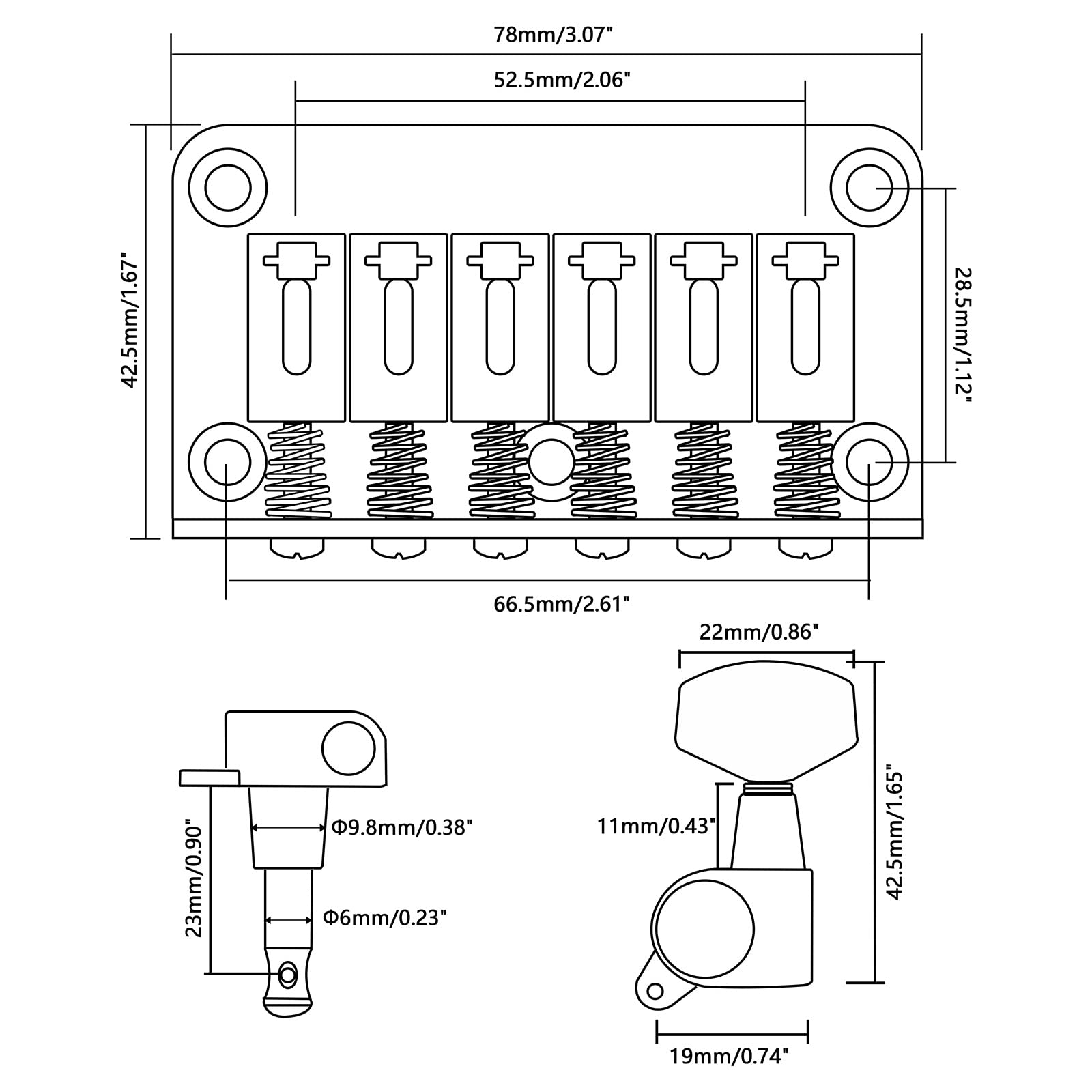 Unxuey Electric Guitar Bridge With 3R+3L String Tuning Key Pegs For 6 String Strat/Tele Style Electric Guitar, Silver, Length 78