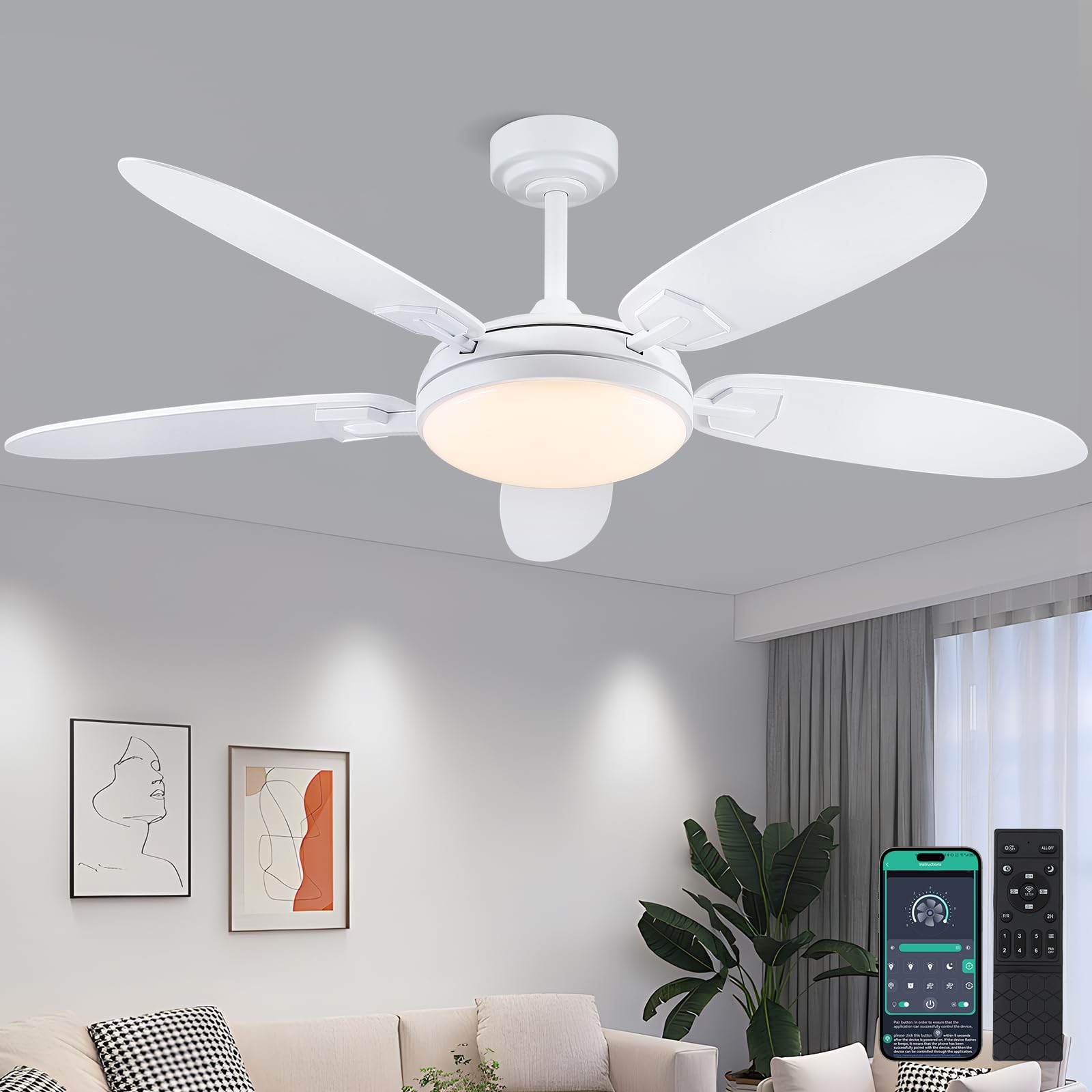 PHORUS 54 Inch White Ceiling Fans with Lights and Remote/APP, Modern Living Room Ceiling Fans with Quiet Reversible DC Motor, Di