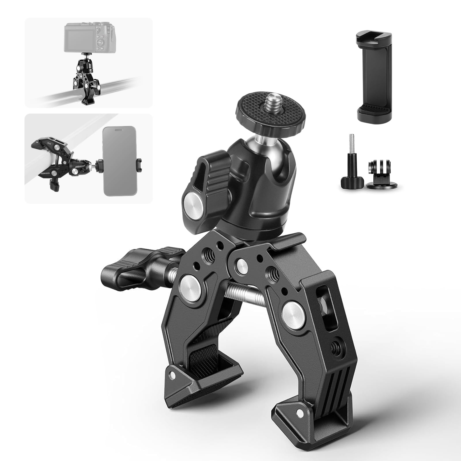 Neewer Super Clamp With Ballhead, Cold Shoe, Phone Holder And Action Camera Mount Adapter For Flat/Round Surface Compatible With