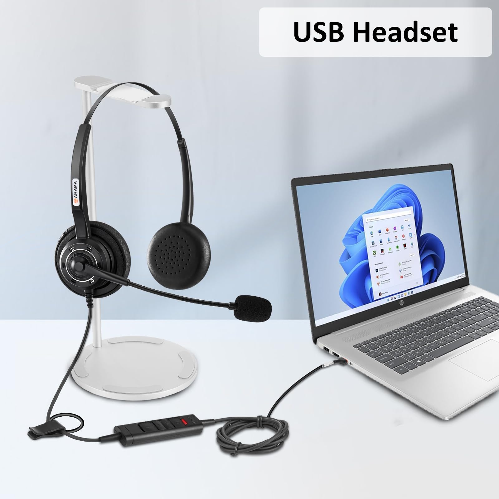 Arama Usb Headset With Microphone For Pc Laptop, On Ear Wired Computer Headset With Noise Cancelling Mic & In Line Control For Home Office Call Center Online Class Skype Zoom(A202Usb)