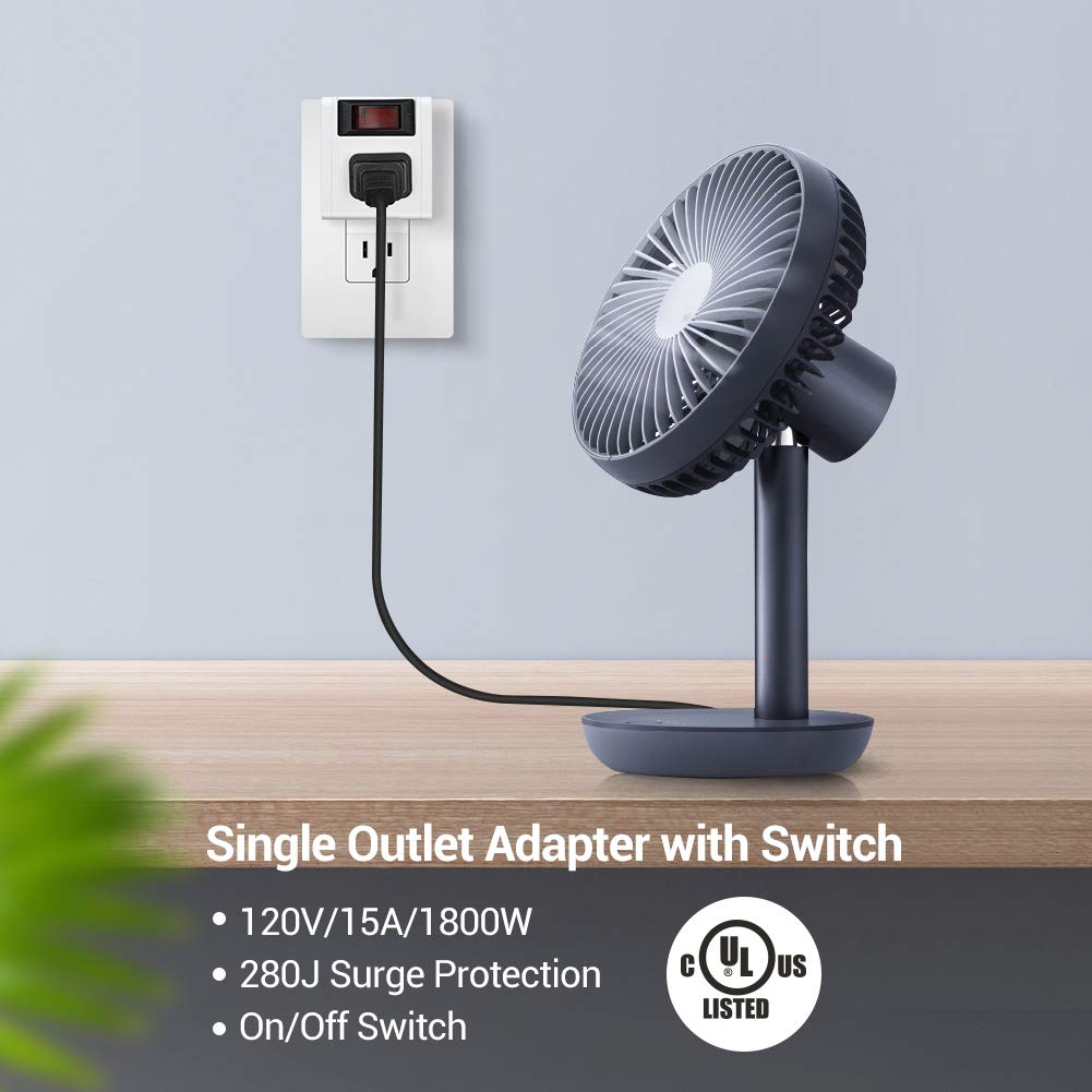 Dewenwils Grounded Single Port Power Adapter With On/Off Switch, 3Prong Electrical Plug Outlet Switch, 15A Circuit Breaker, 280J