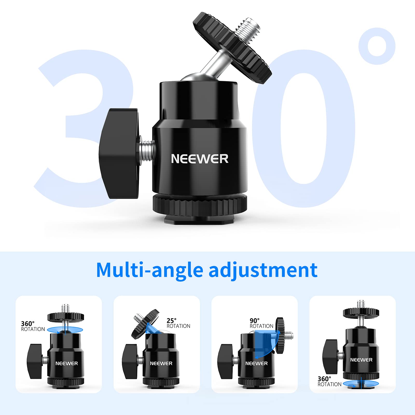 Neewer Mini Ball Head With Cold Shoe & 1/4    Screw, 2 Pack, 360 Swivel 90 Tilt Ballhead Camera Mount Hot Shoe Adapter For Camer
