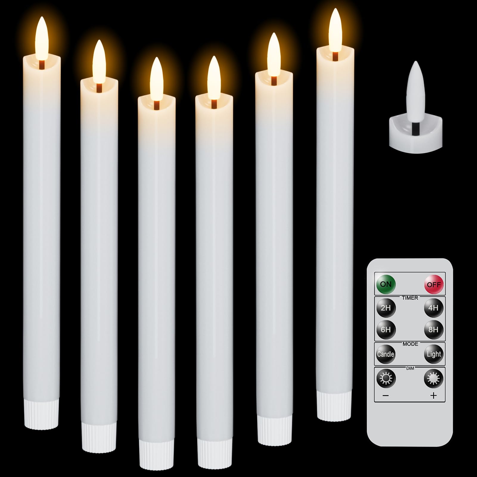 Eldnacele Flameless Taper Candles Battery Operated with Remote and Timer, Set of 6 White Real Wax 3D Wick Flickering LED Taper C