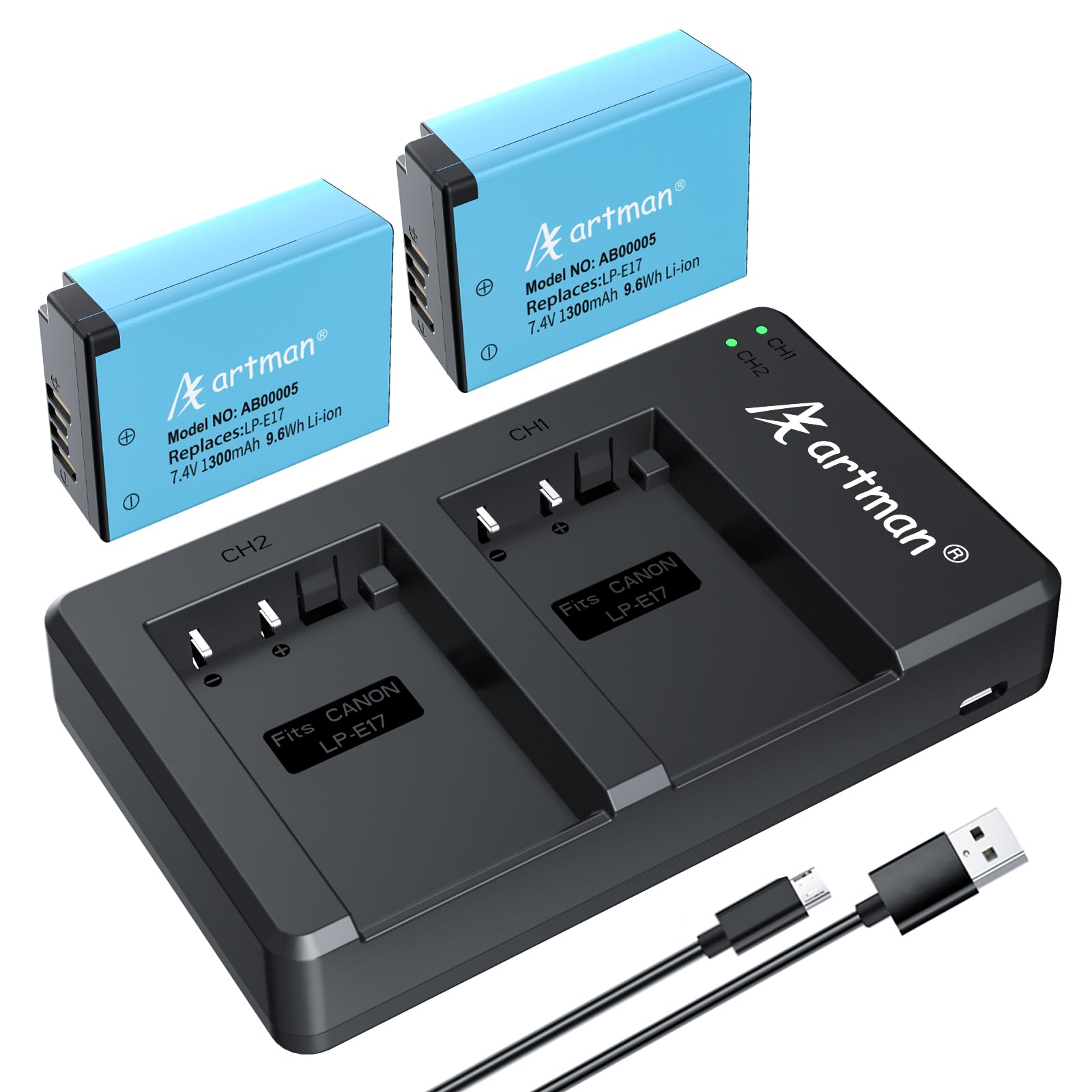 Artman 2 Pack Lp E17 Batteries And Rapid Dual Usb Charger For Canon Eos R50 Rp R10 R8,Rebel T8I, T7I, T6I, T6S, Sl2, Sl3, Eos M3