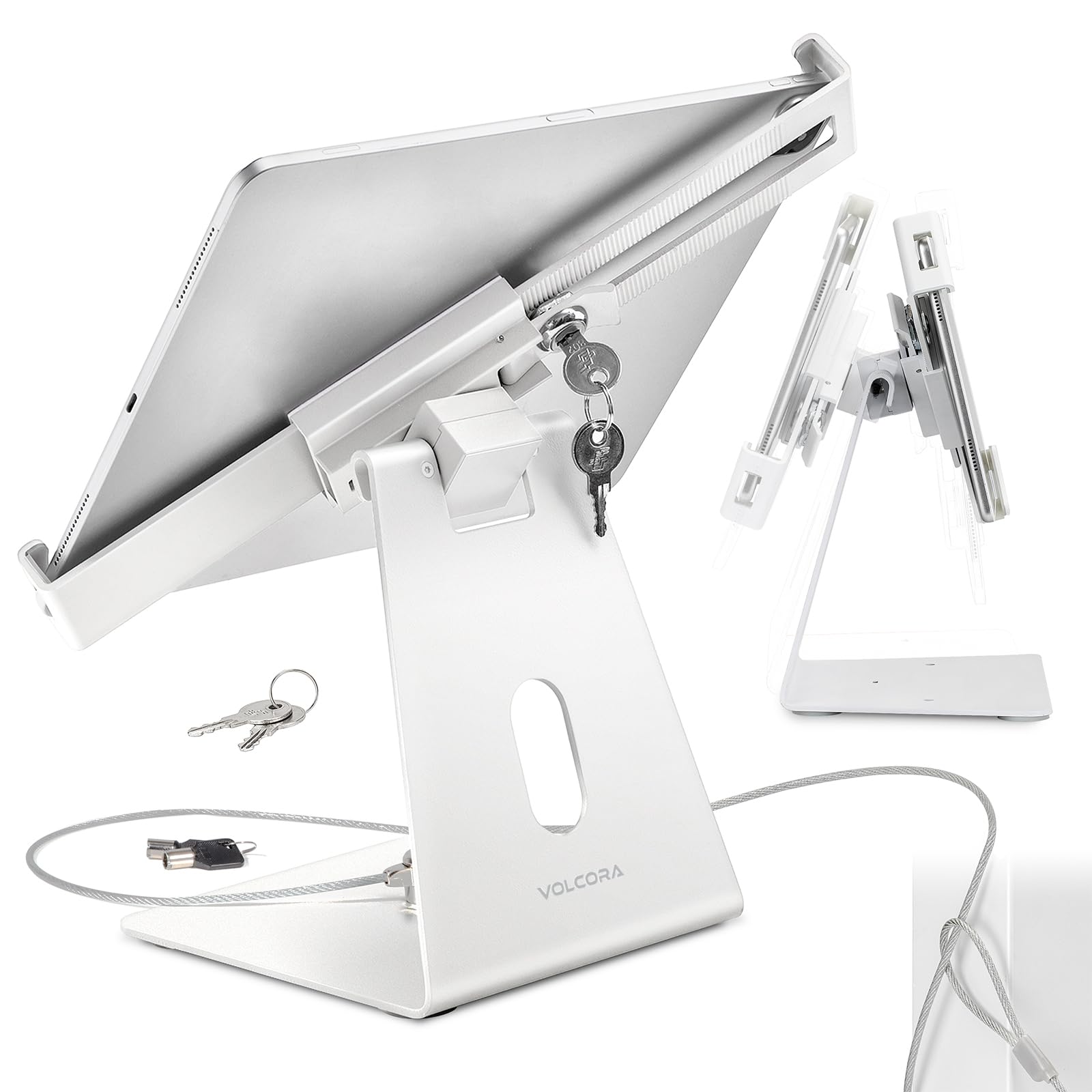 Volcora Anti-Theft Tablet Stand iPad Kiosk Stand with Lock, White 10-13 iPad Stand for Desk, Swivel, Adjustable iPad Holder fo