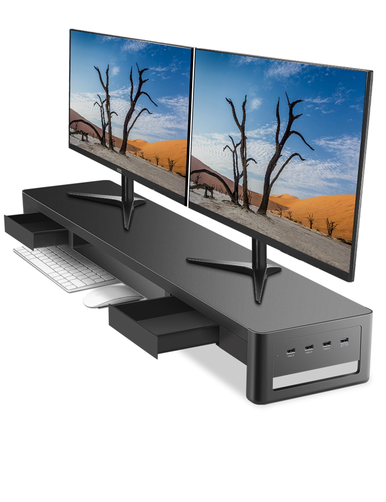 Meatanty Dual Monitor Stand Riser With 2 Storage Drawers And 4 Usb Ports, Metal Monitor Stand For 2 Monitors Supports Transfer D