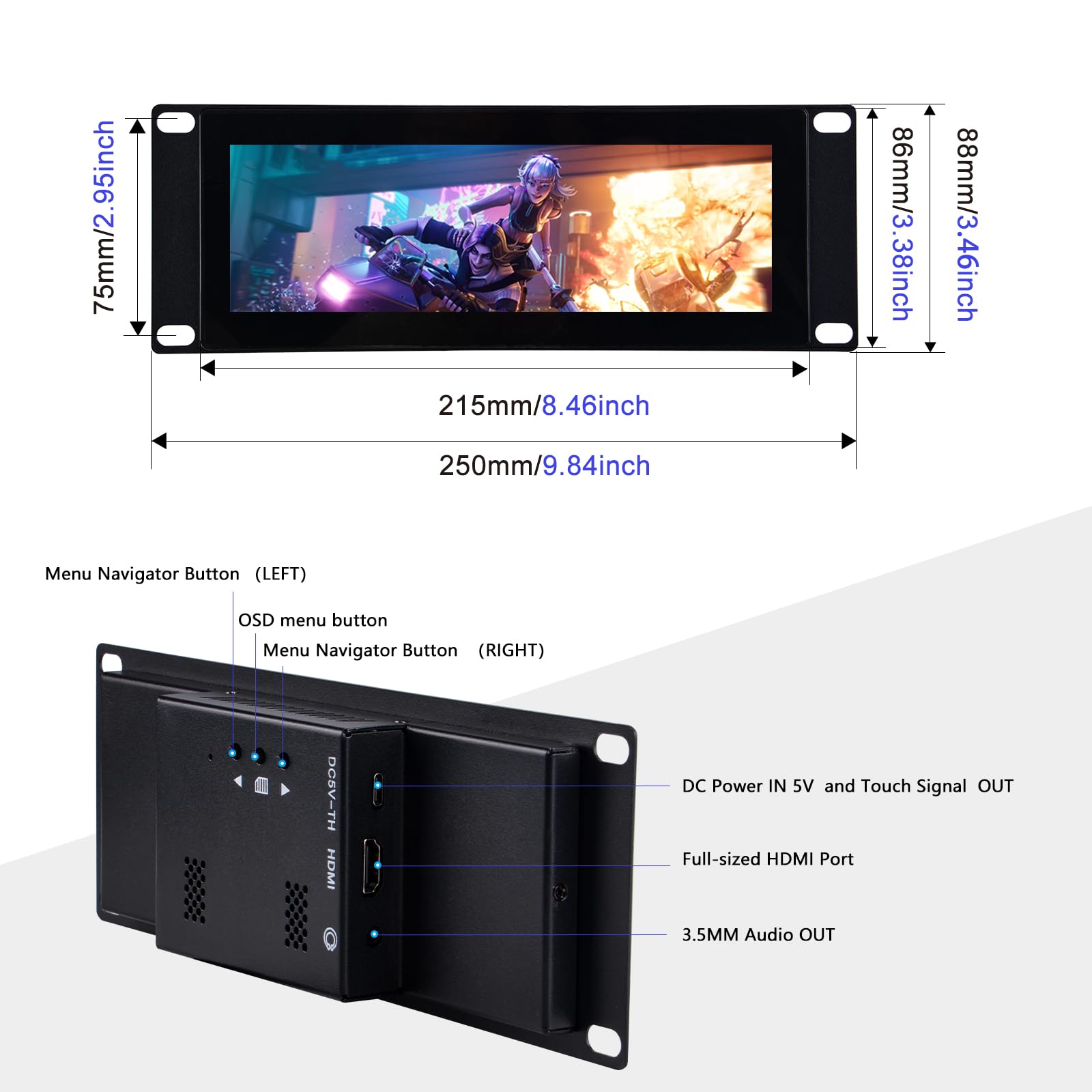 GeeekPi 7.84" 1280x400 LCD Touch Screen Rack Mount Monitor - Black, Model DP-0059 for DeskPi RackMate Servers